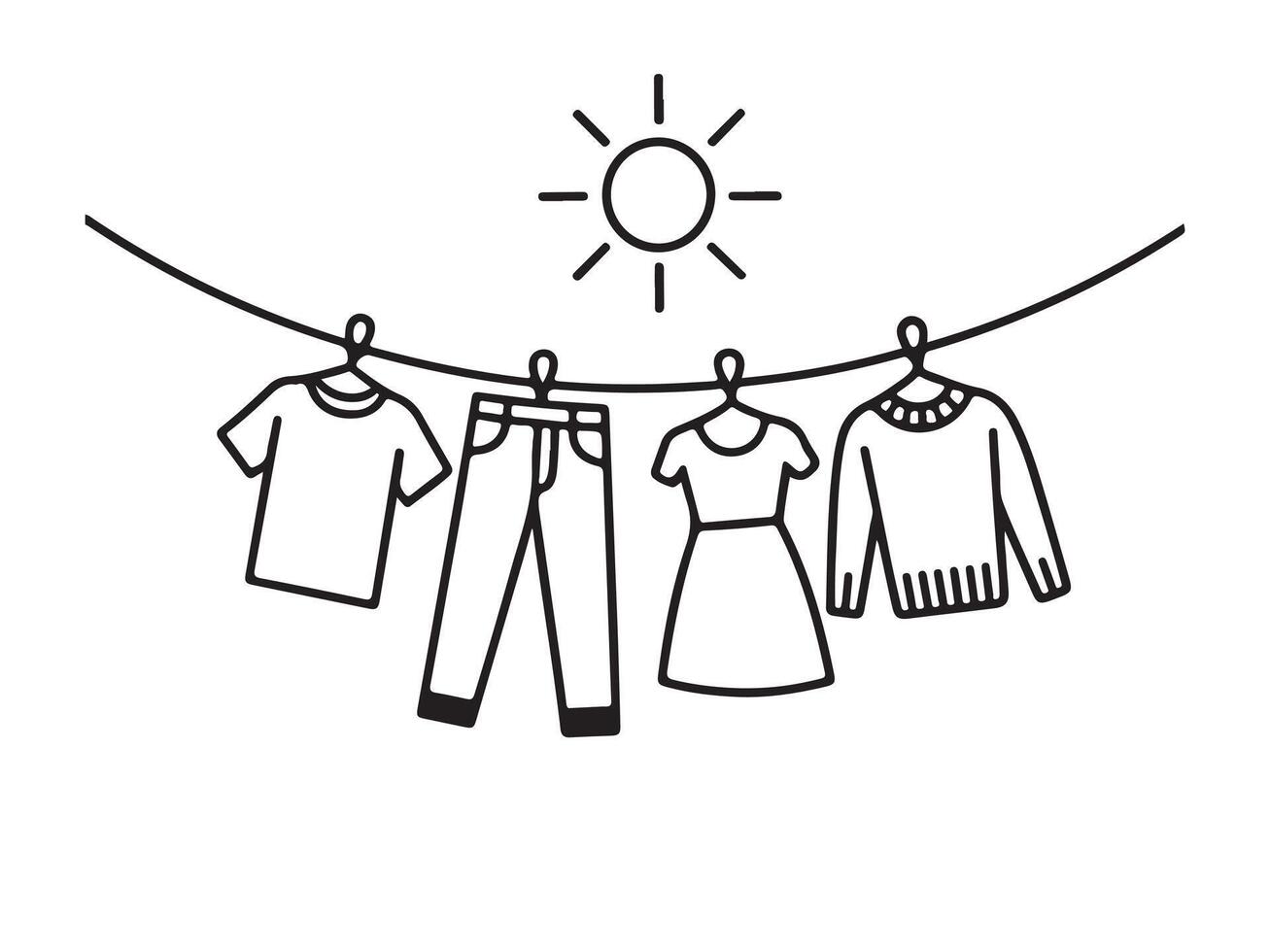 Simple Line Art Illustration of Clothes Drying on a Clothesline in Sunny Weather vector