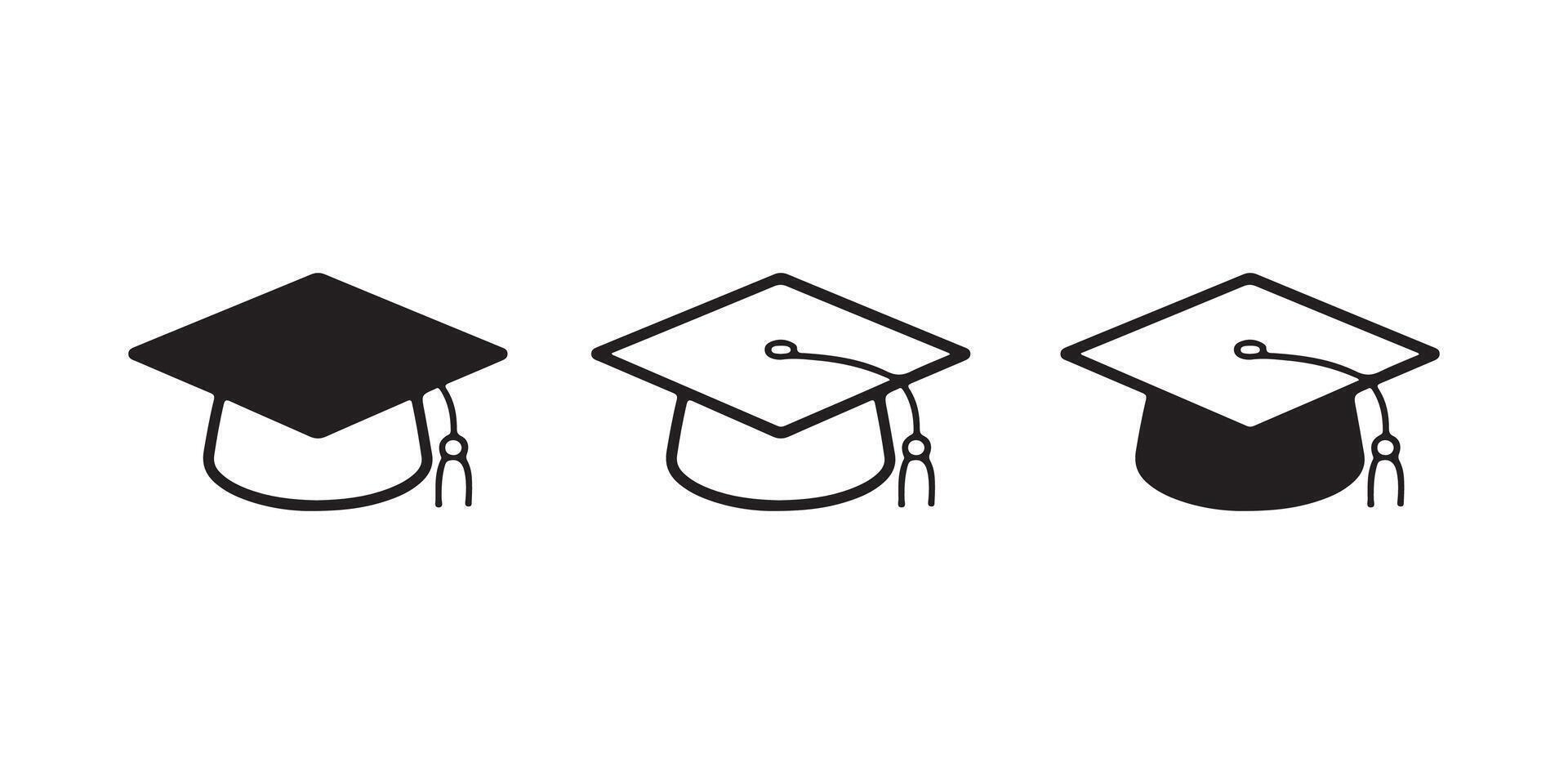 Three Graduation Cap Icons in Solid and Outline Style vector