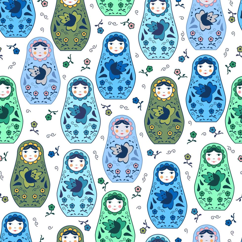 Seamless pattern with Babushka-matryoshka. Traditional Russian wooden nesting doll with painted flowers. vector