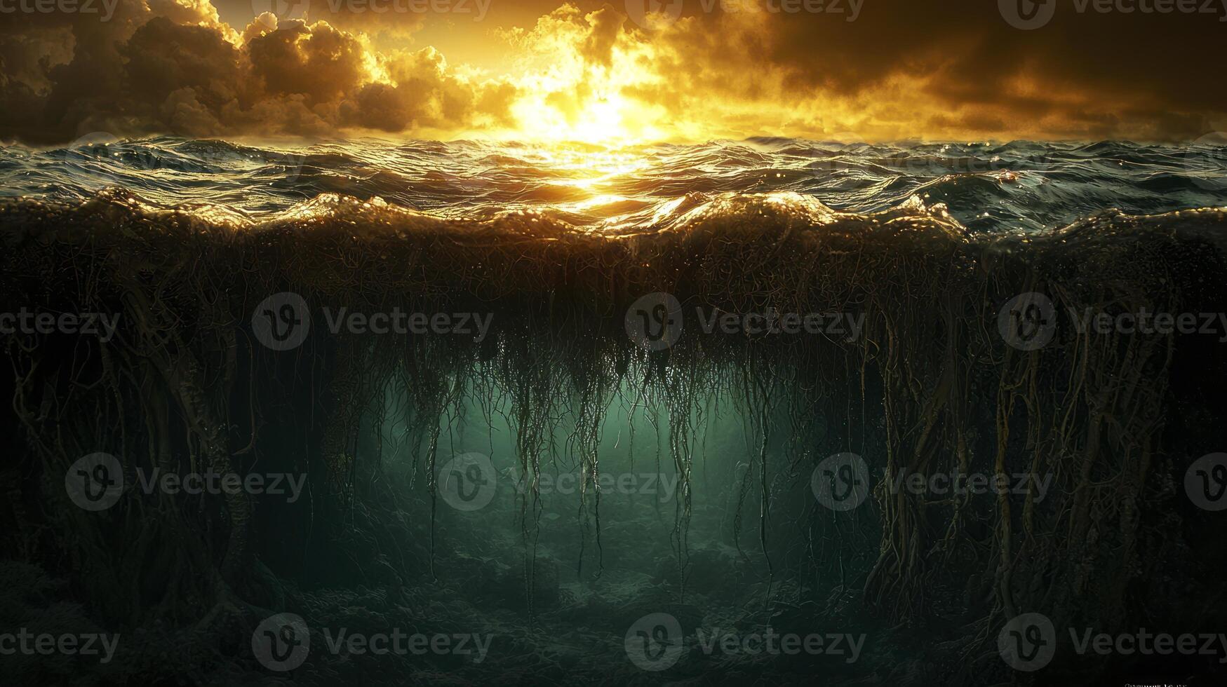 The ocean is shown with a sun shining through the water photo