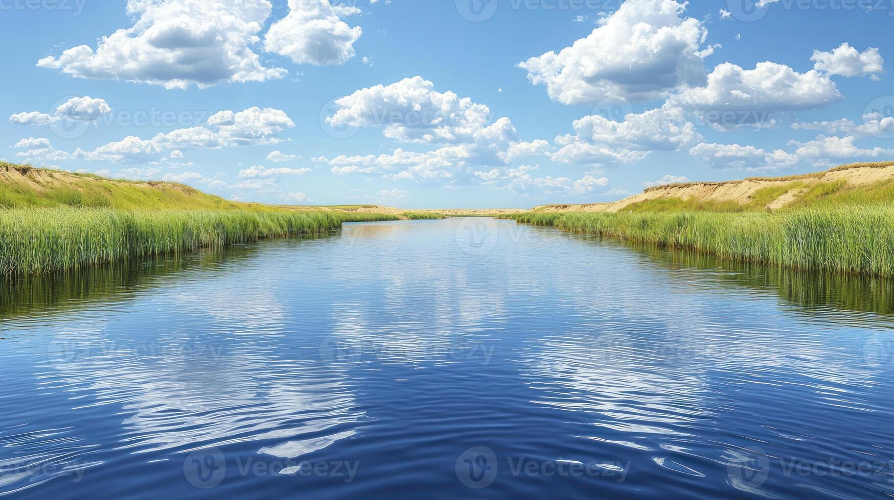 A river with grass and clouds in the background photo