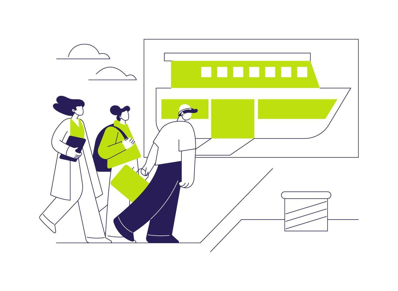 Getting on a boat abstract concept illustration. vector