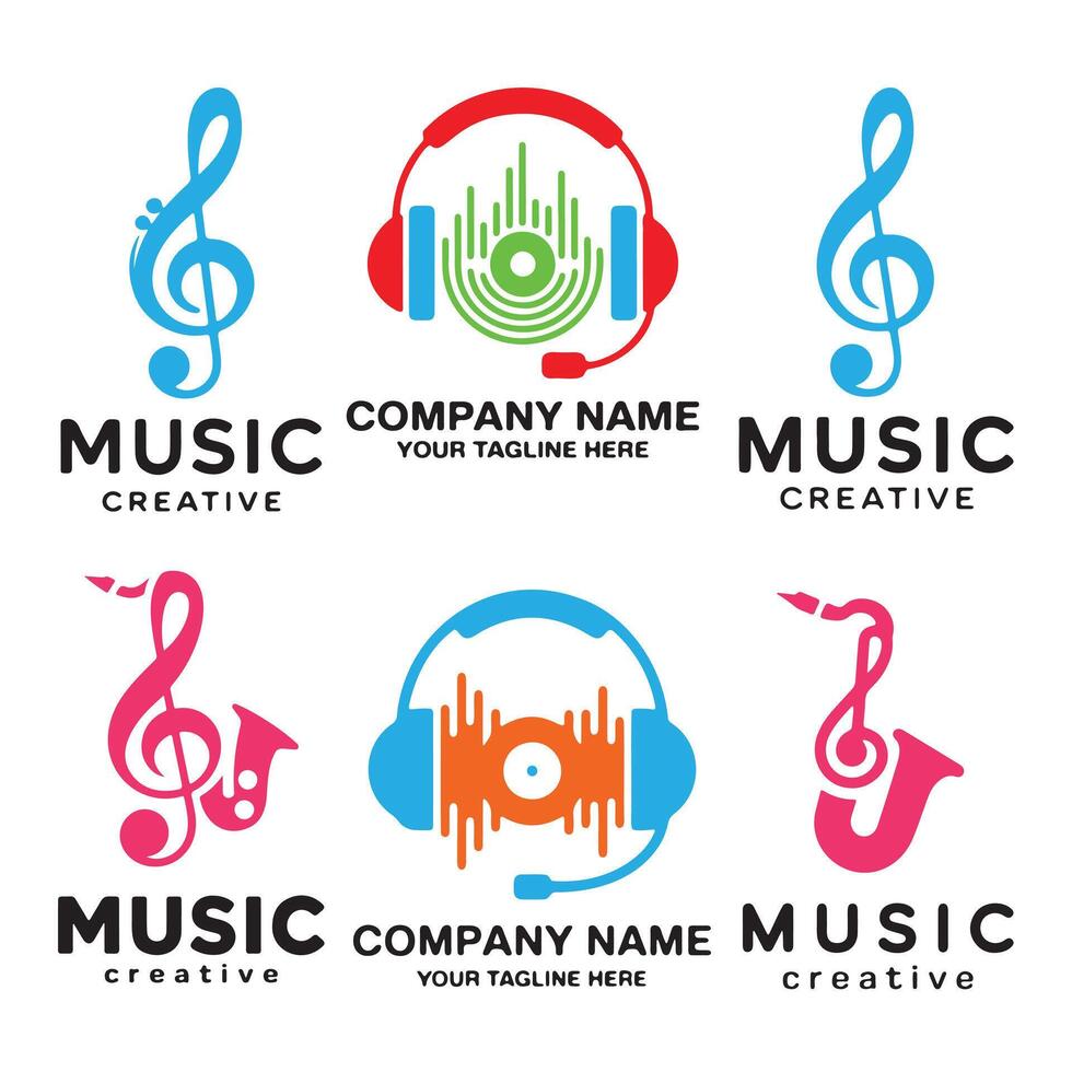 Collection of Colorful Music Logos with Musical Instruments and Headphones vector