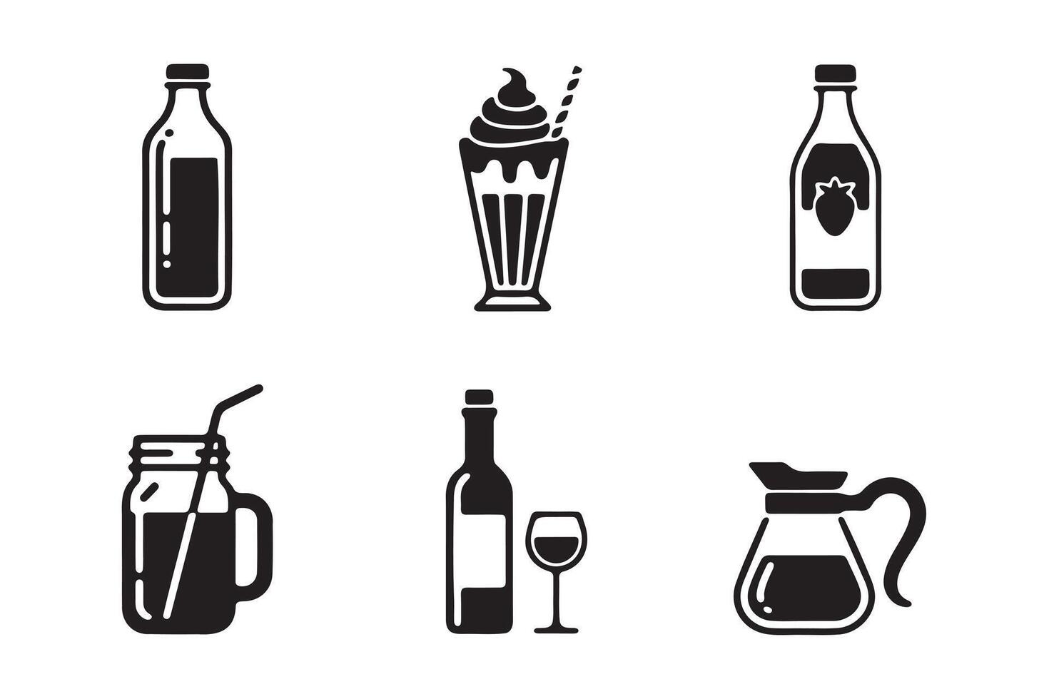 Simple Black and White Icons of Various Beverages and Drinks vector