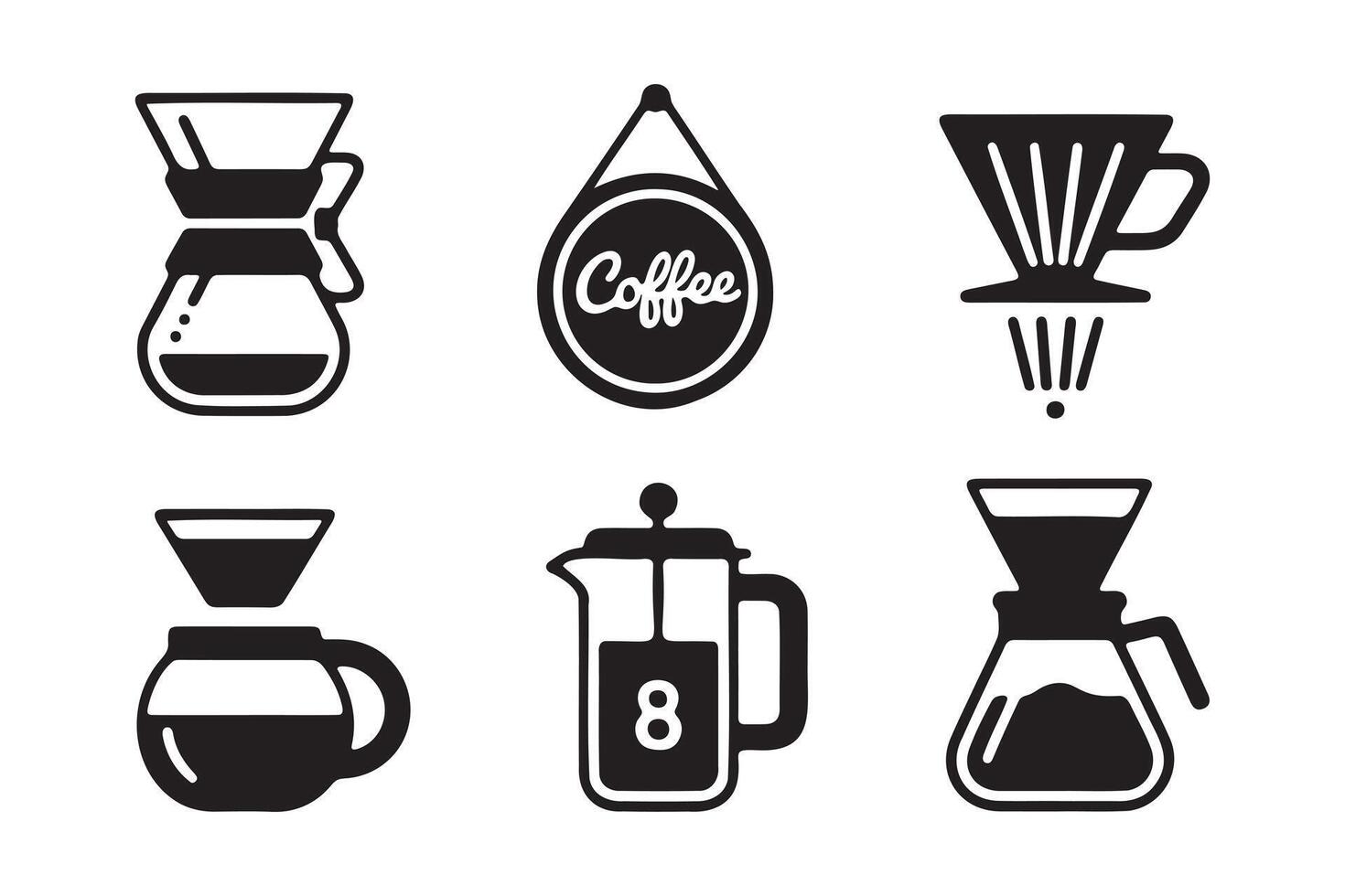 Simple Black and White Coffee Brewing Methods Icons vector