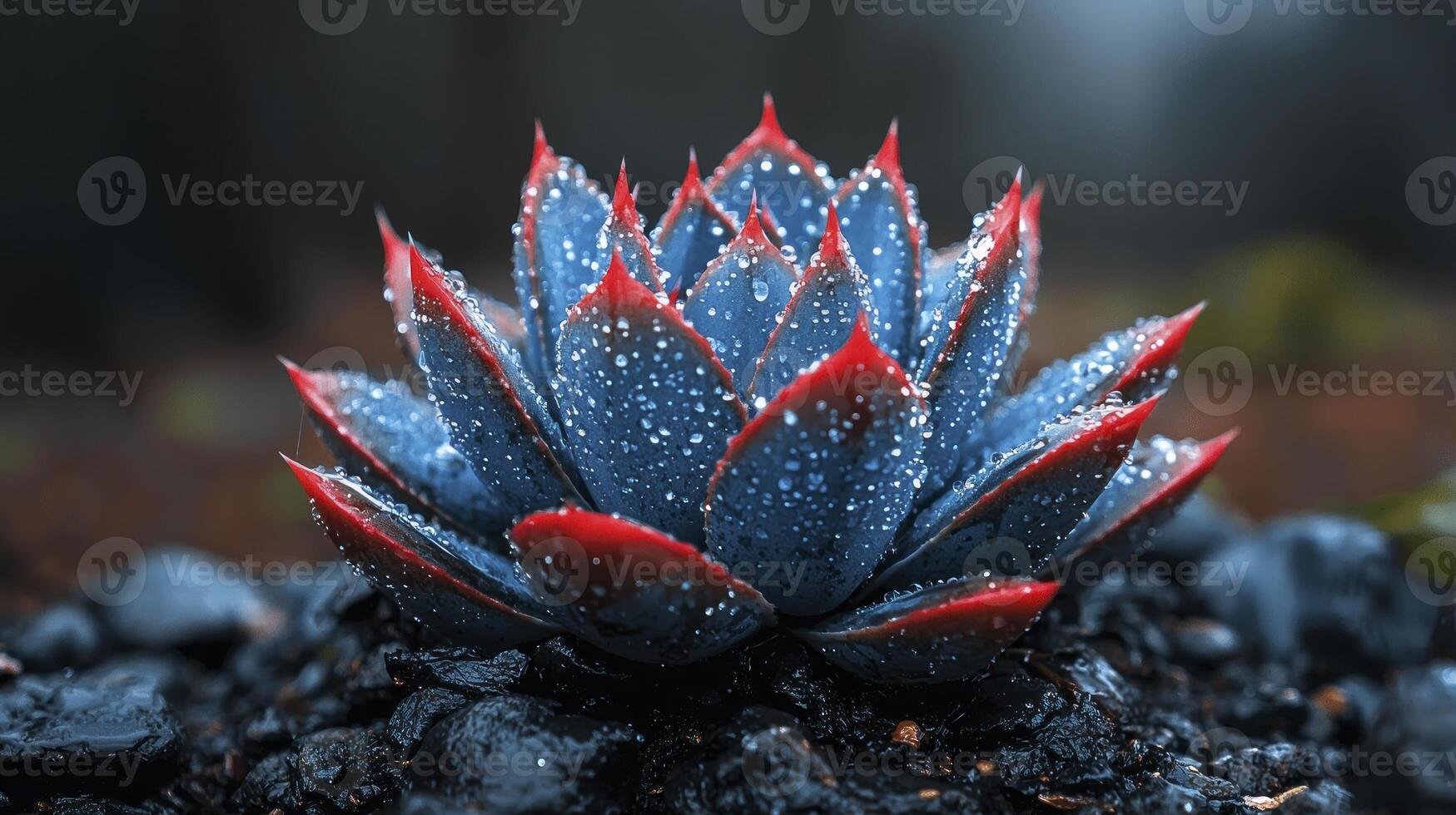 A blue and red plant with water droplets on it photo