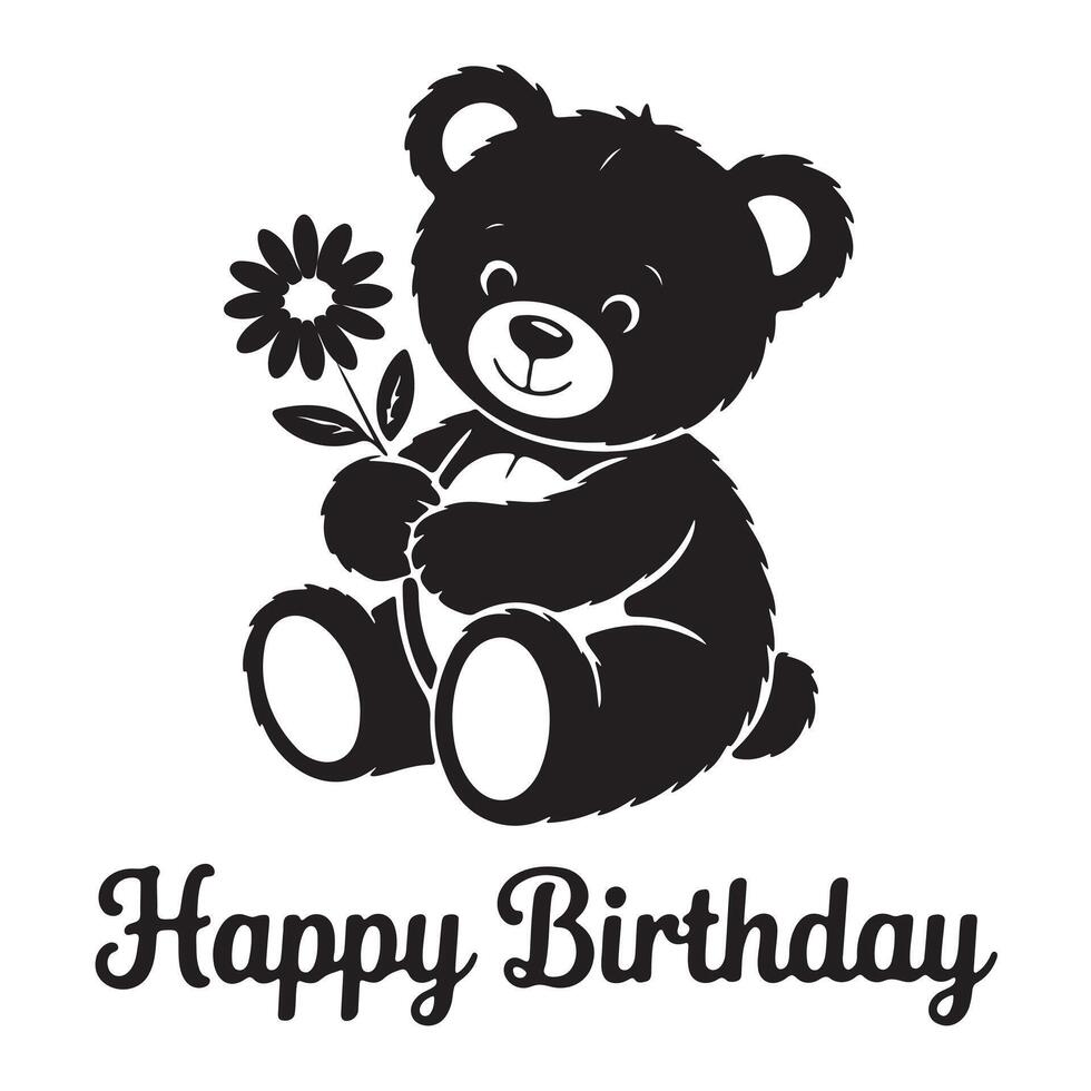 Cute Black and White Teddy Bear with Flower for Happy Birthday Greeting vector