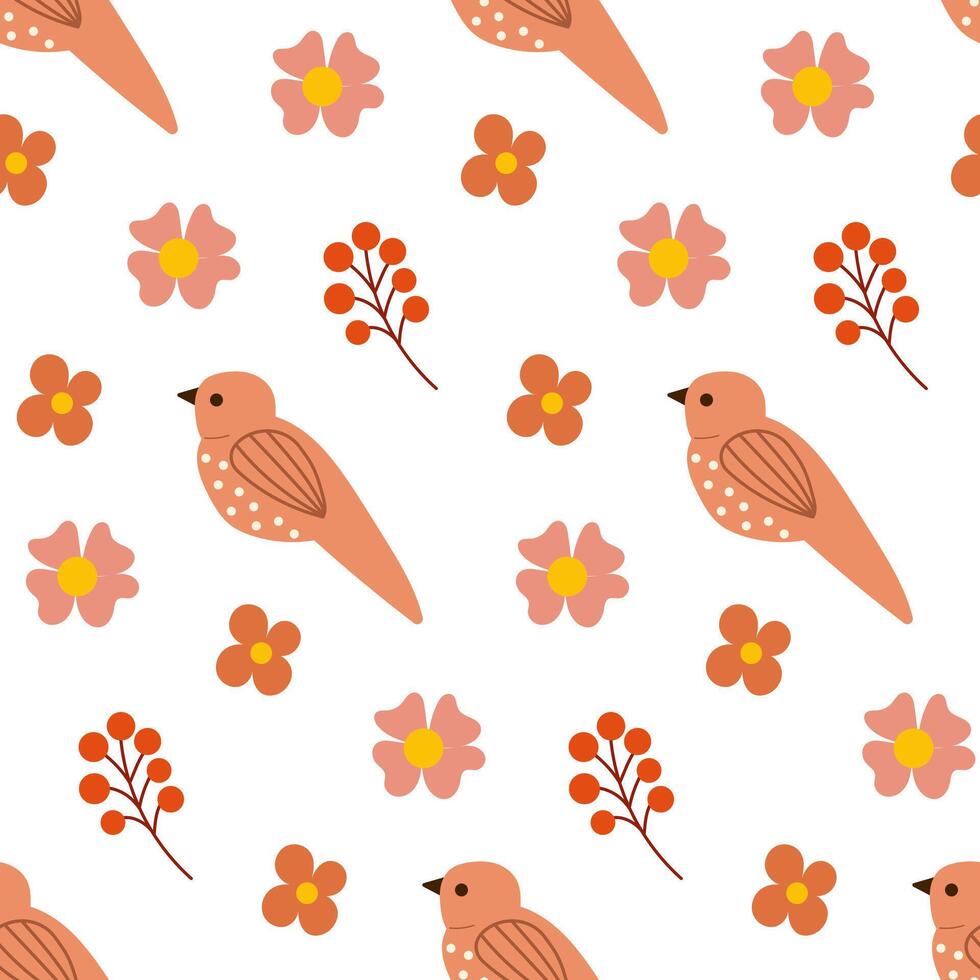 Beautiful bird seamless pattern with berries. Retro style seamless pattern. vector
