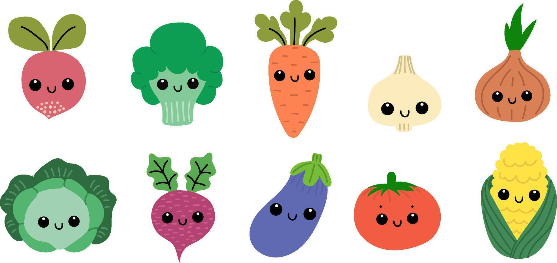 Set of kawaii vegetables. Cute characters vector