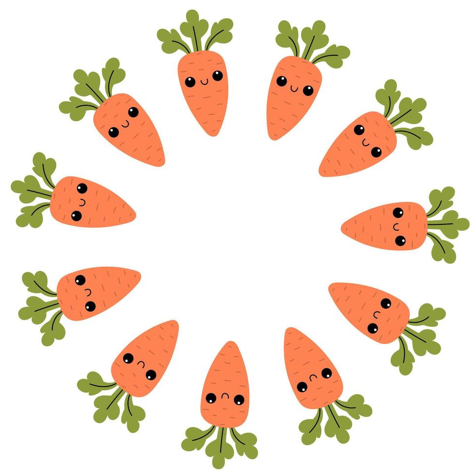 Carrot with cute face round frame. vector