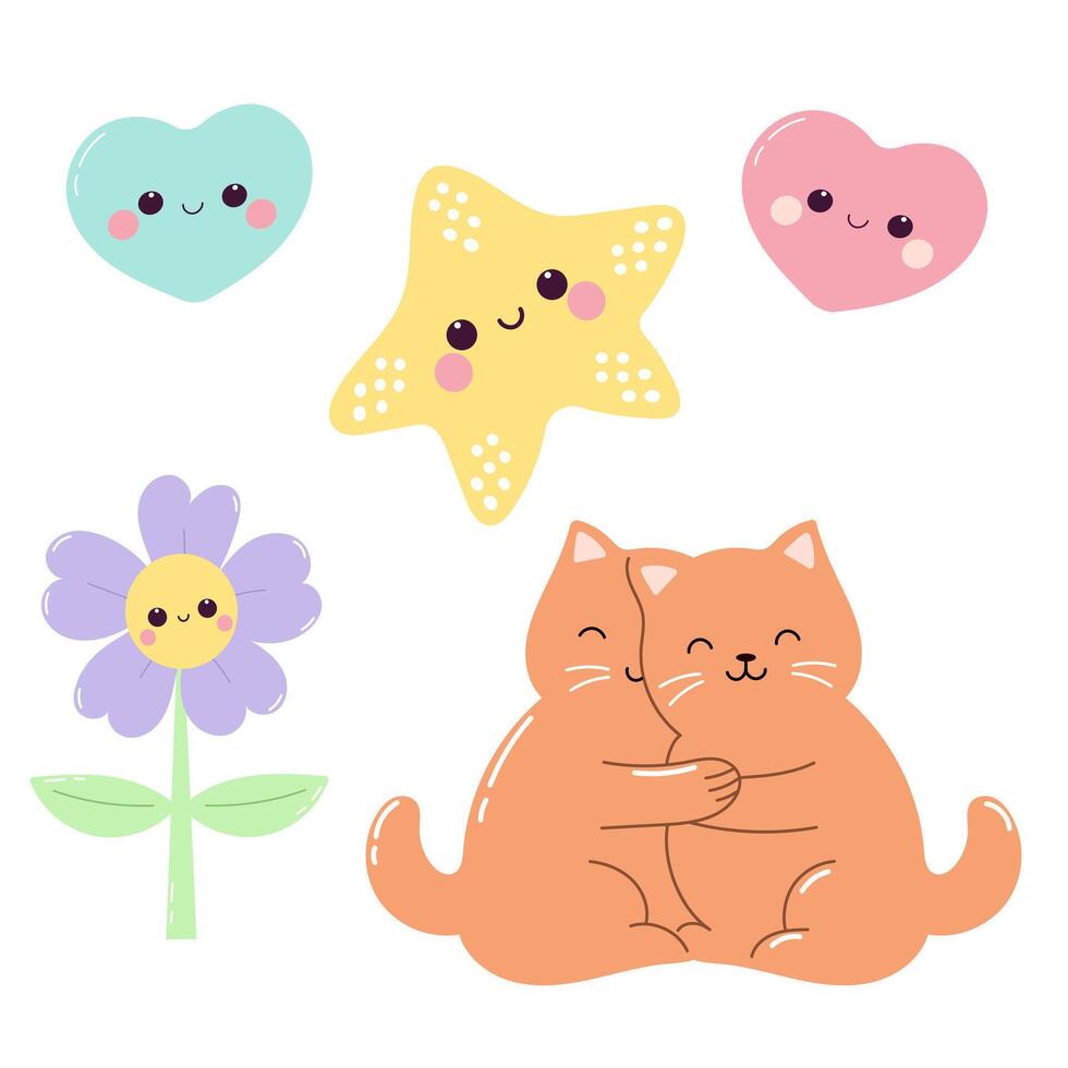Friendship set with cat, hearts and flower. vector