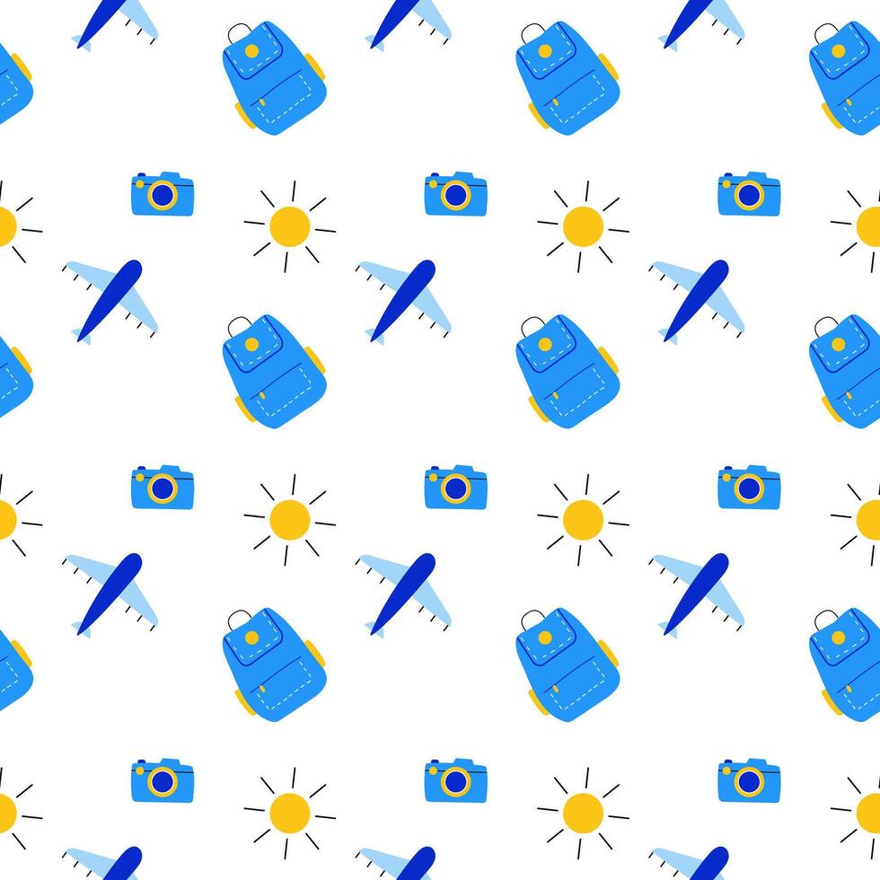 Blue travel seamless pattern with airplane, backpack and camera. Sunny day for trip to sea. vector