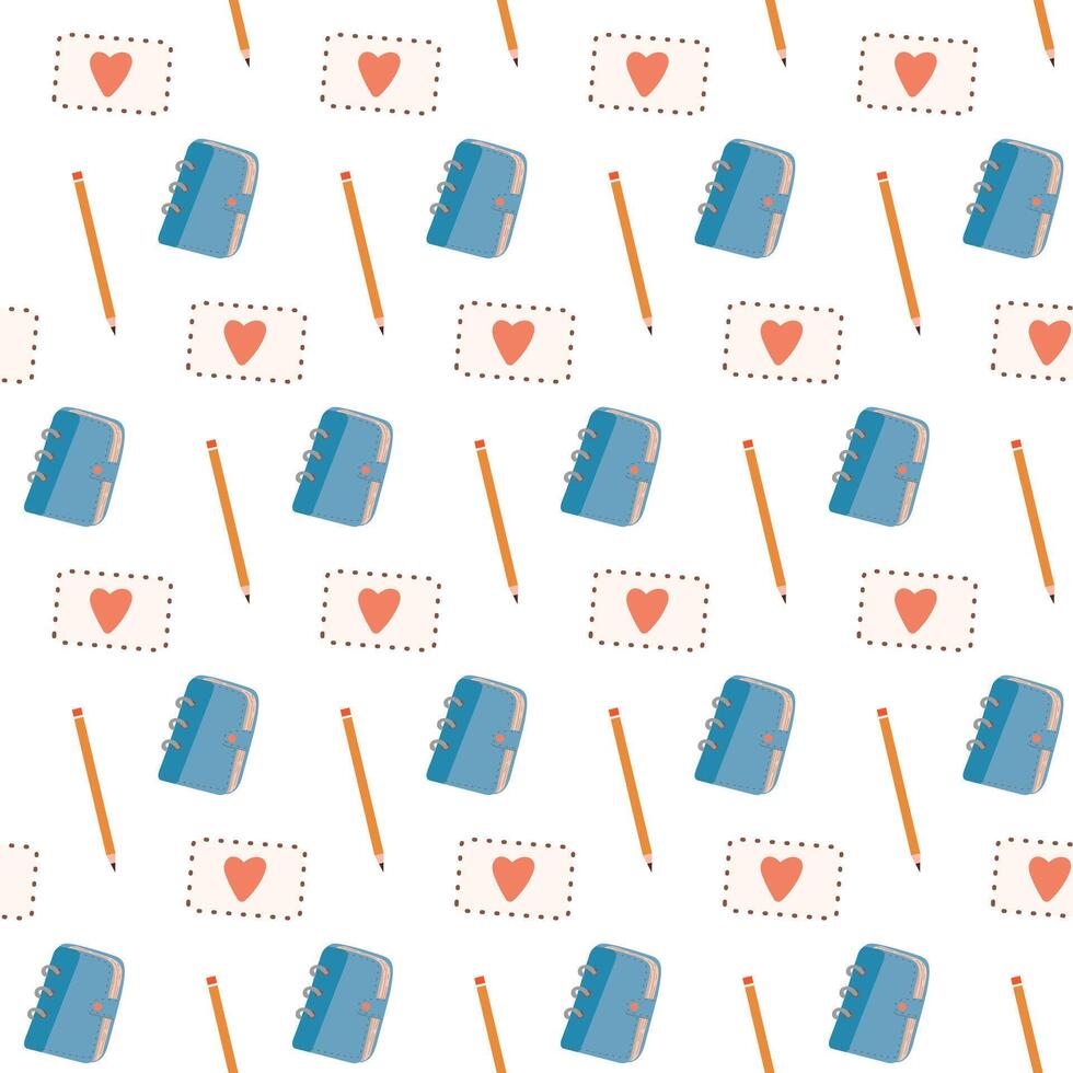 Journalling seamless pattern with notebook and pencil. vector