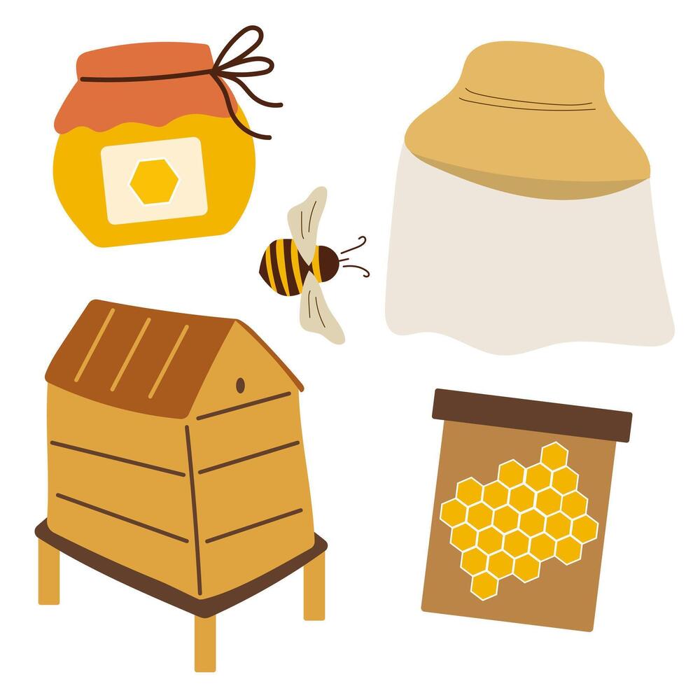 Beekeeping elements set with hat, honey jar and bee. vector