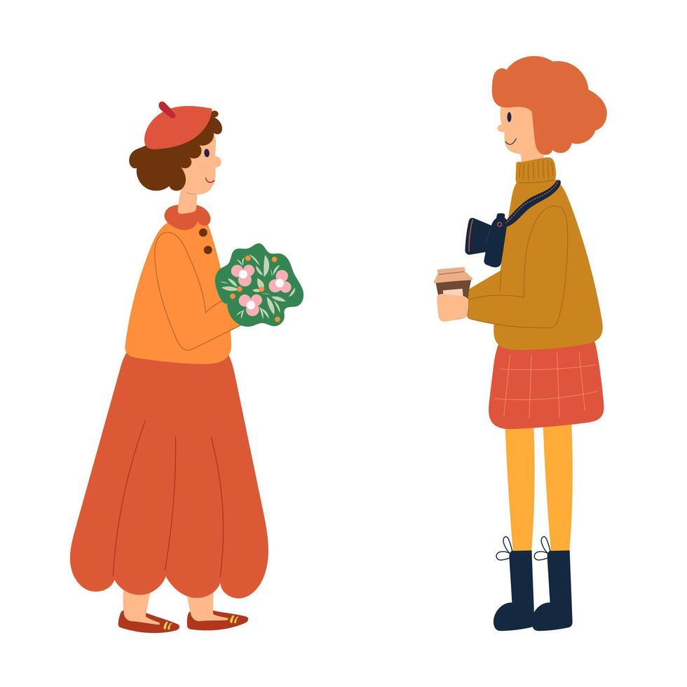 Photographer character with model. Cute hand drawn characters. Female persons. vector