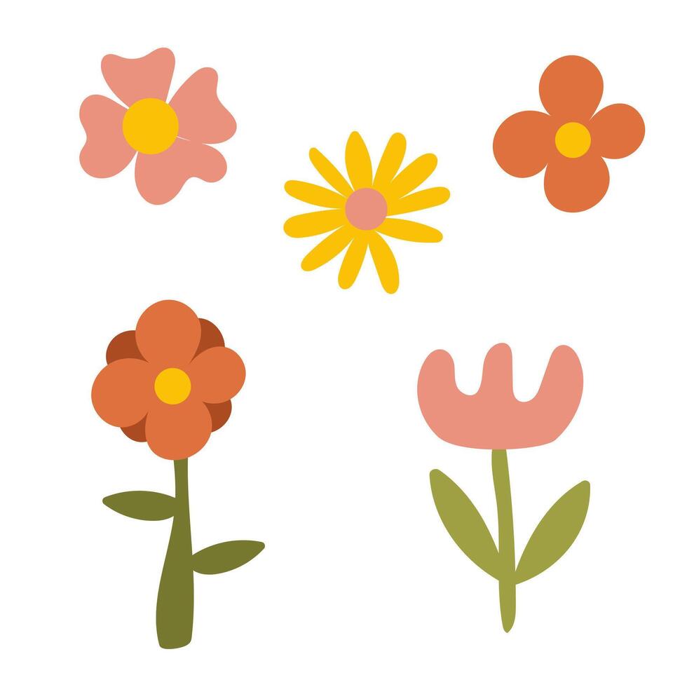 Simple flowers set. Retro flowers. Minimalistic design. vector