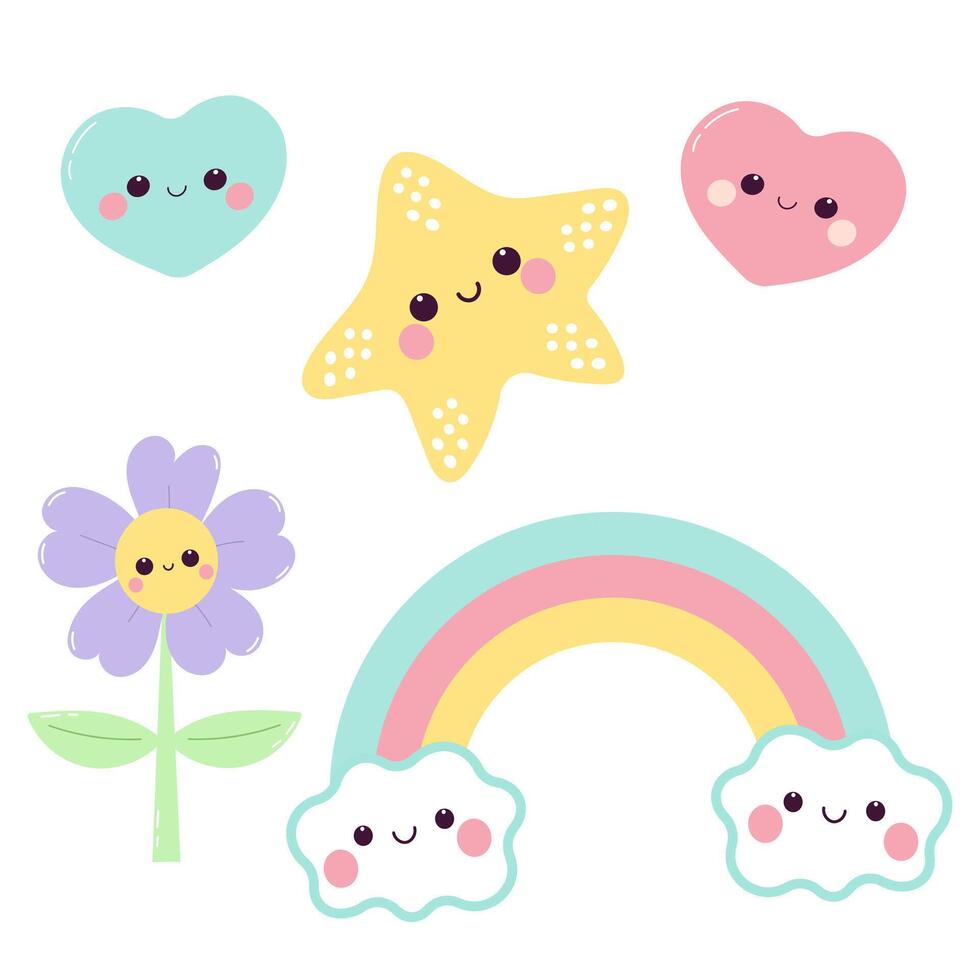Cute kawaii rainbow, heart and flower in pastel color vector