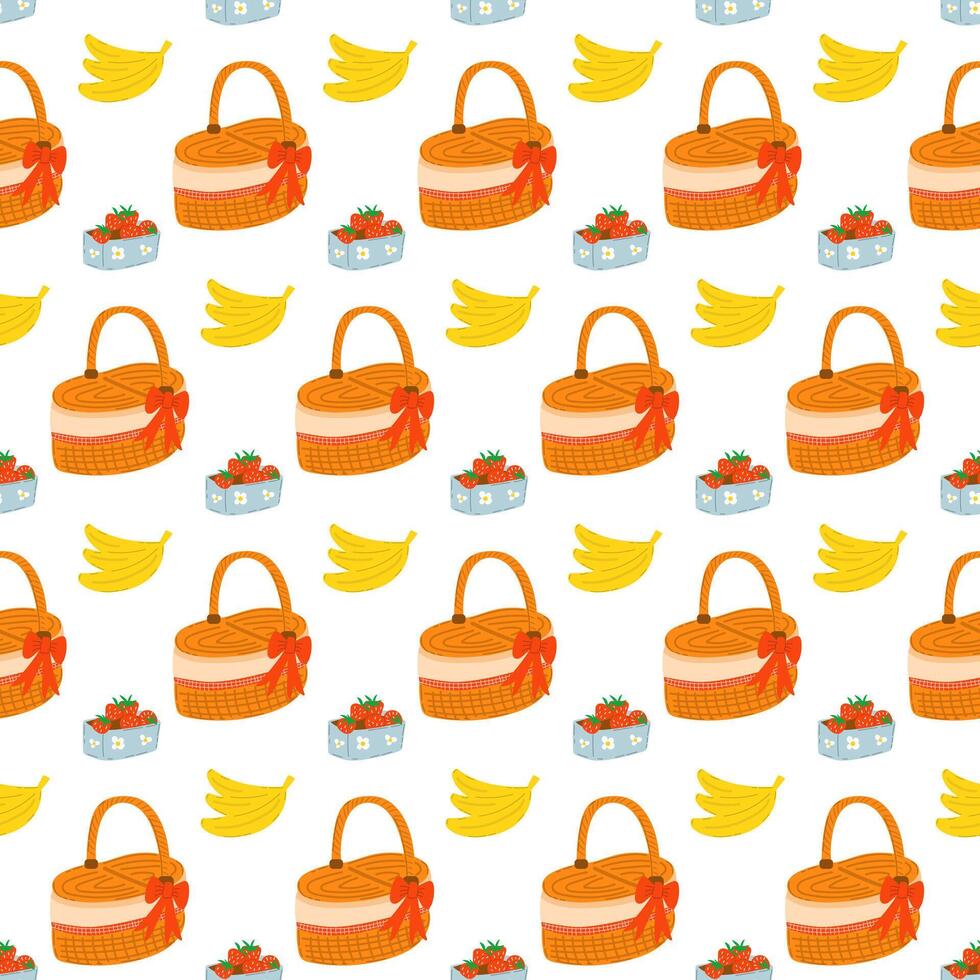 Picnic basket seamless pattern with fruits on white background. vector