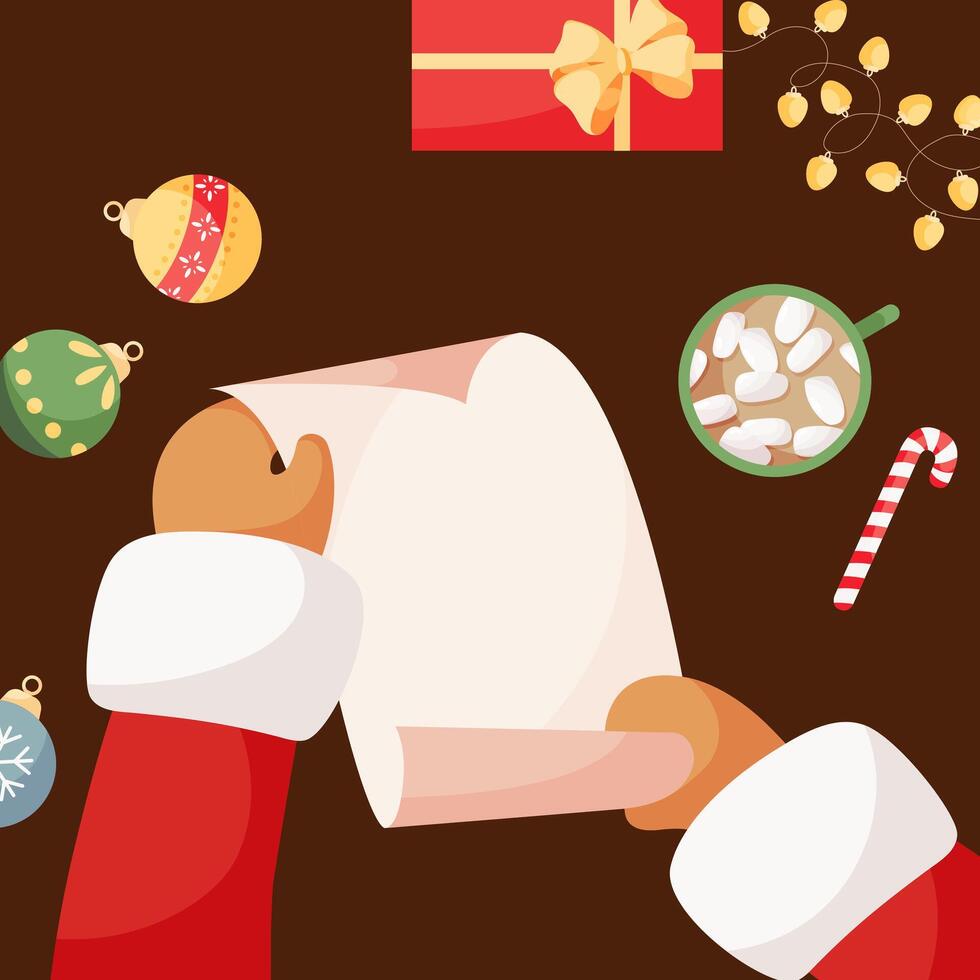 Santa Claus reads letters with Christmas wishes from children at the table. Hands holding a letter. For Christmas cards, banners, tags and labels. Holiday cartoon character vector