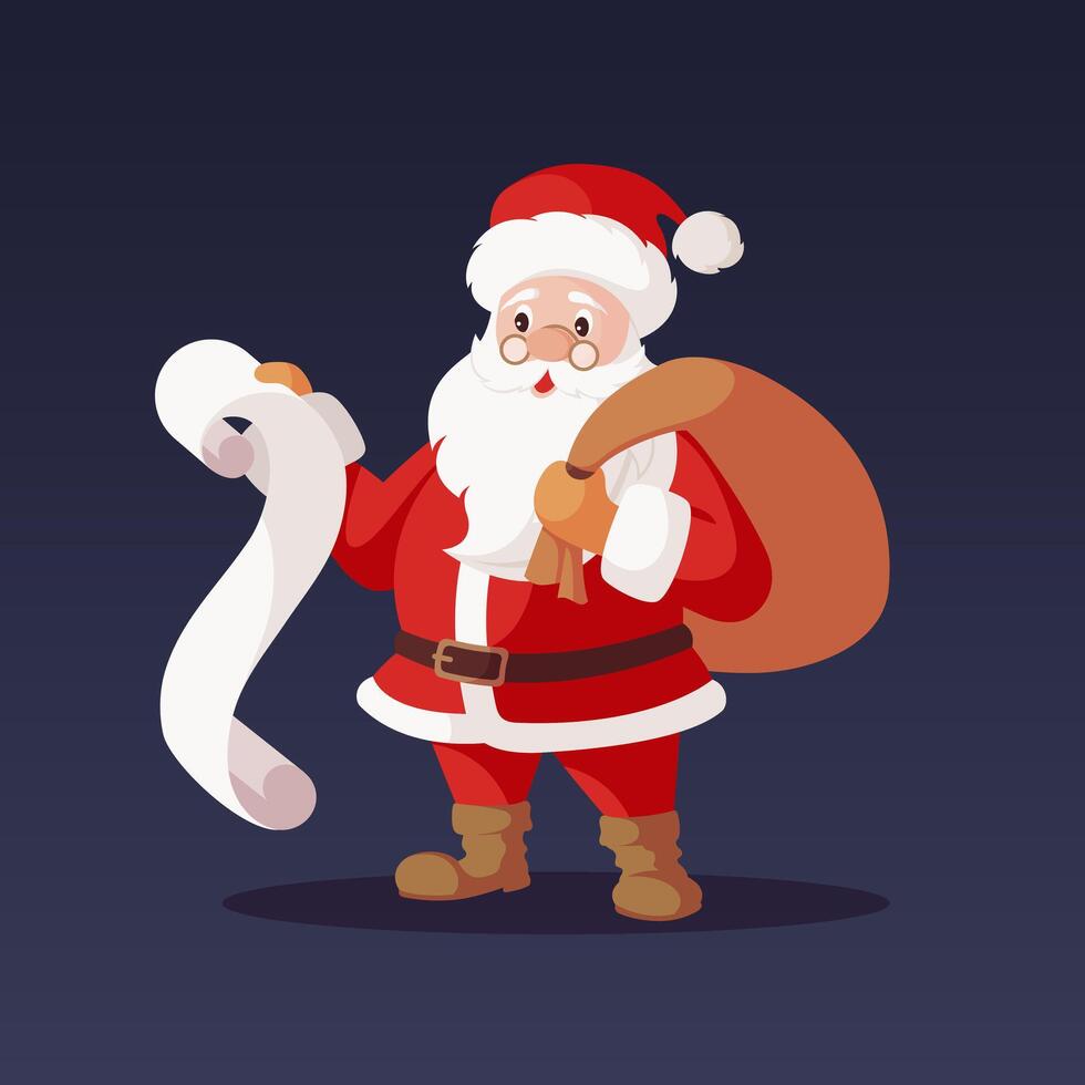 Santa Claus character with bag reads letters with Christmas wishes. For Christmas cards, banners, tags and labels. Holiday cartoon character vector