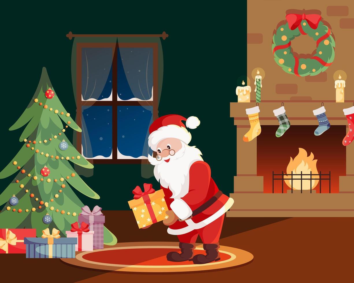 Santa Claus putting wrapped gift box decorated with ribbon bow on big pile of colorful presents under embellished Christmas tree near fireplace. Congratulation card. Flat style illustration vector