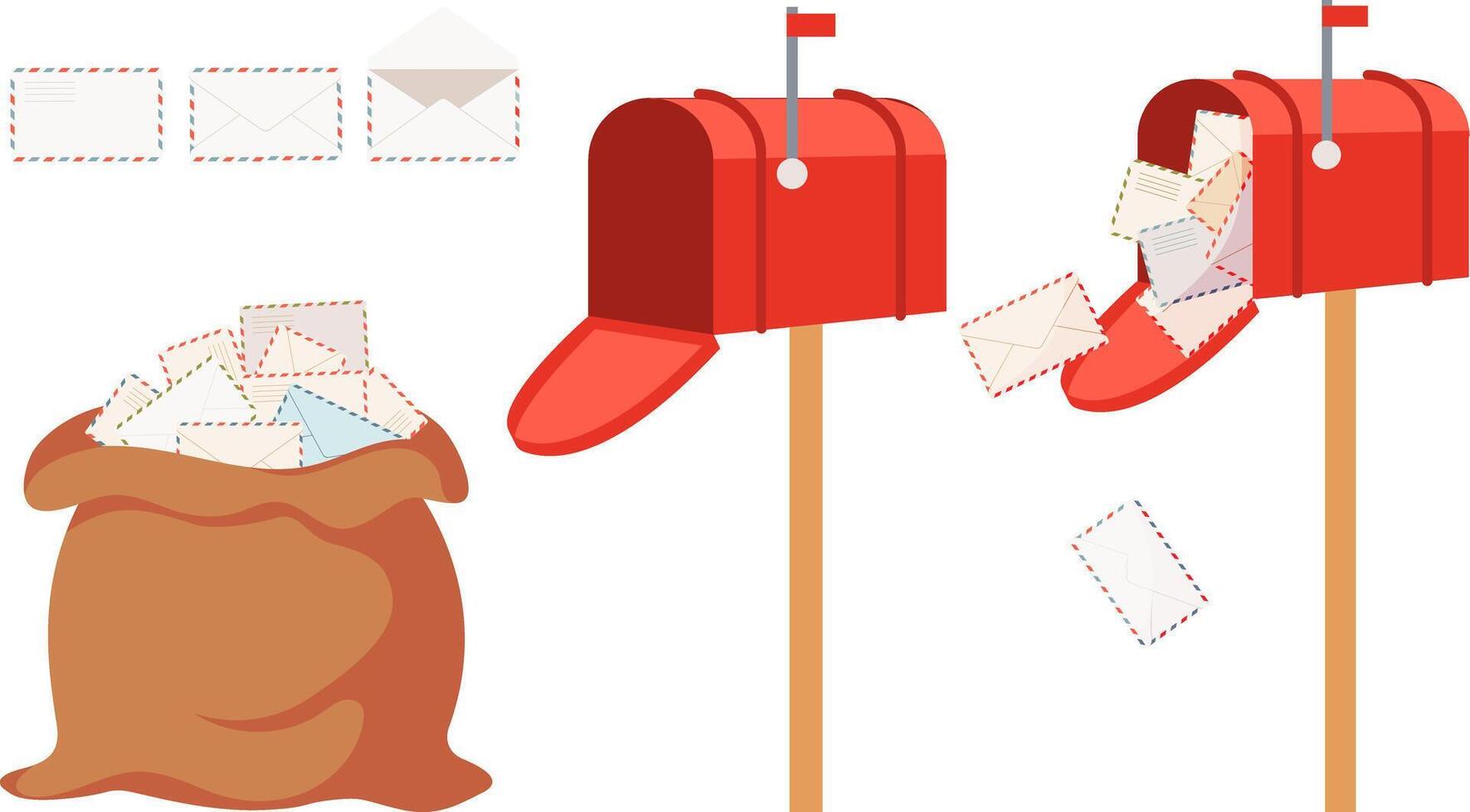 Set of postal envelopes. Santa Claus's bag of letters. Red mailbox with flying closed envelopes. Hand drawn illustration. World Post Day vector