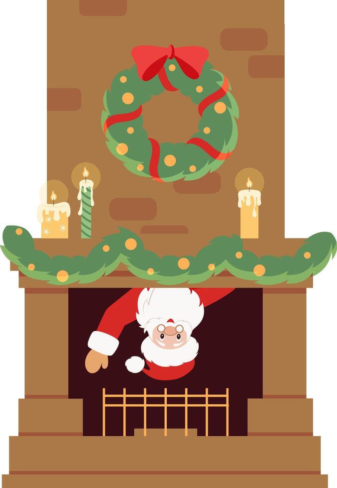 Santa Claus looks out from the fireplace. Hand drawn Xmas illustration. For Christmas cards, banners and labels. Holiday character. vector