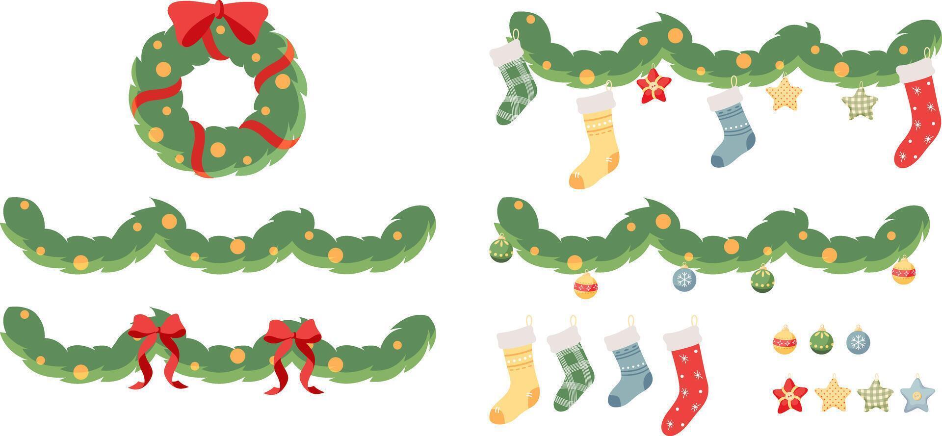 Christmas garland. Traditional Xmas decor of spruce branches with holiday decorative elements red bow and tree balls, socks. Cartoon hand drawn illustration vector