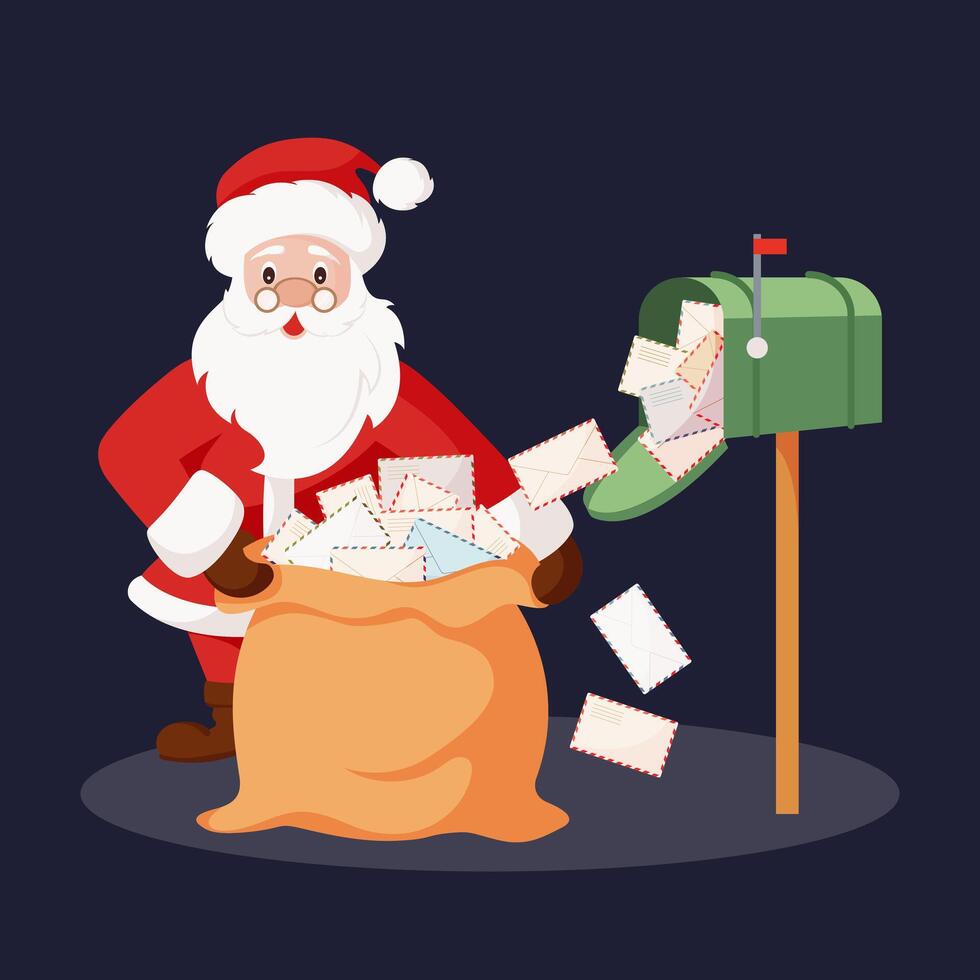 Santa Claus character receiving letters with wishes for Christmas. For Christmas cards, banners, tags and labels. Holiday cartoon character vector