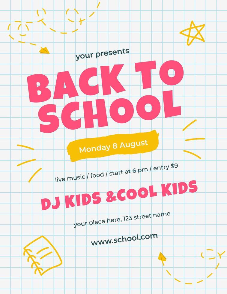 Back to School invitation card or flyer with handwritten school elements in doodle style as frame around. Chalkboard and checkered paper on backdrop. illustration vector