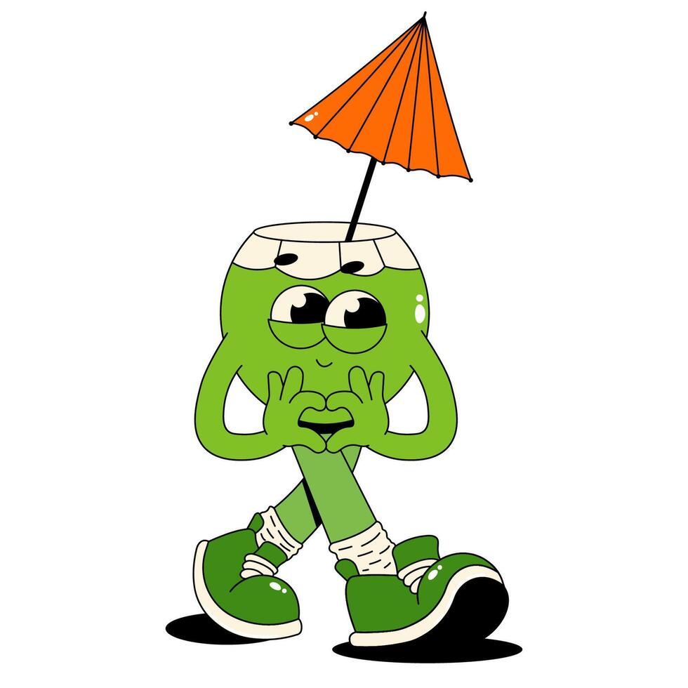 Retro groovy character coconut cocktail. Funky walking beverage with cute face. Vintage summer illustration 70s, 80s style on white background vector