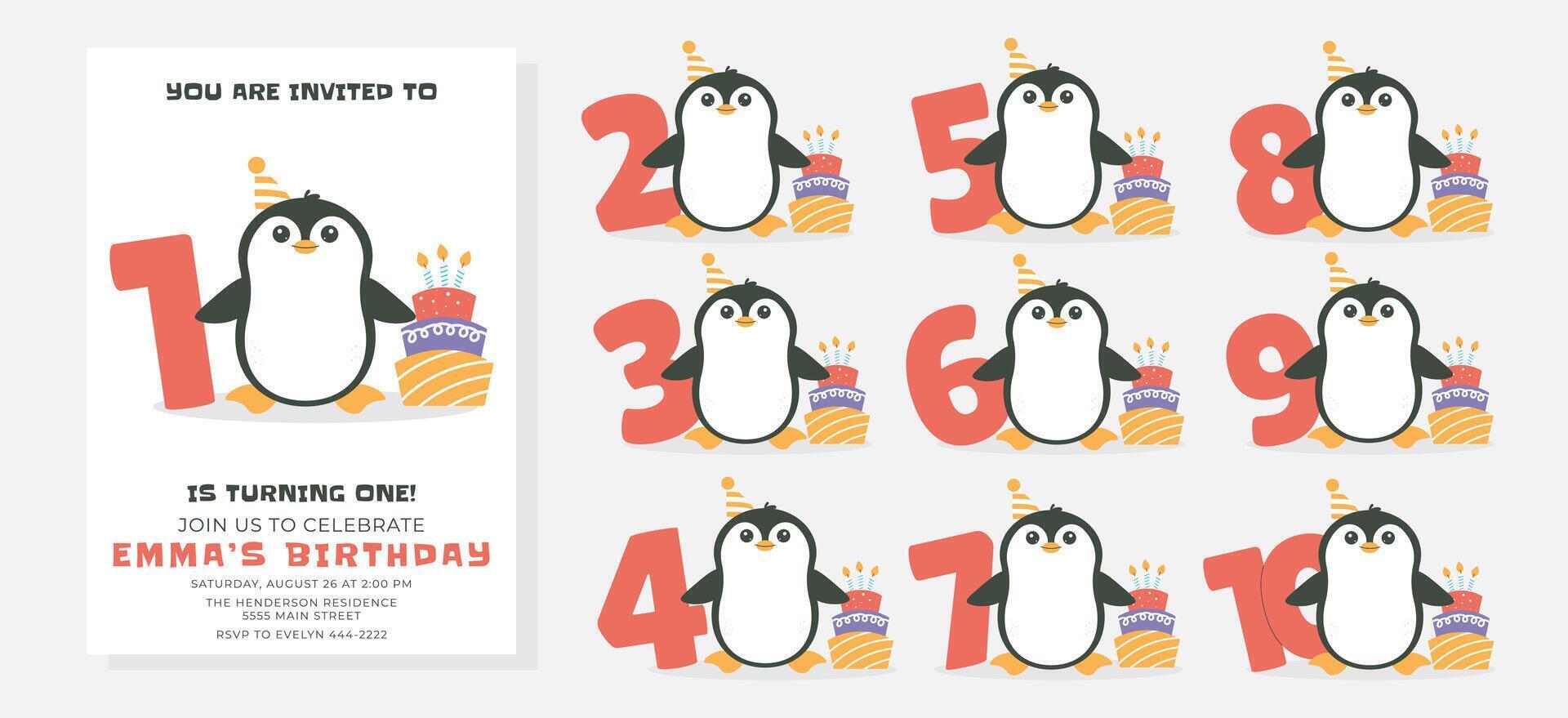Greeting and invitation card for kids Birthday party. Cute baby penguin, cake, numbers in flat childrens style. illustration, design for card, poster, event vector
