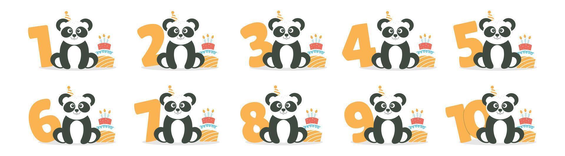 Cute panda character, cake and number from 1 before 10 set. Beautiful elements for Kids Birthday Party invitation, greeting card, poster, event, prints and cake toppers design vector