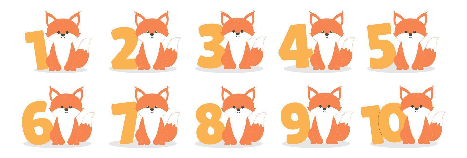 Cute baby fox character and numbers from 1 before 10 set. Beautiful elements for Kids Birthday Party invitation, greeting card, poster, event, prints, cake toppers design on white background vector