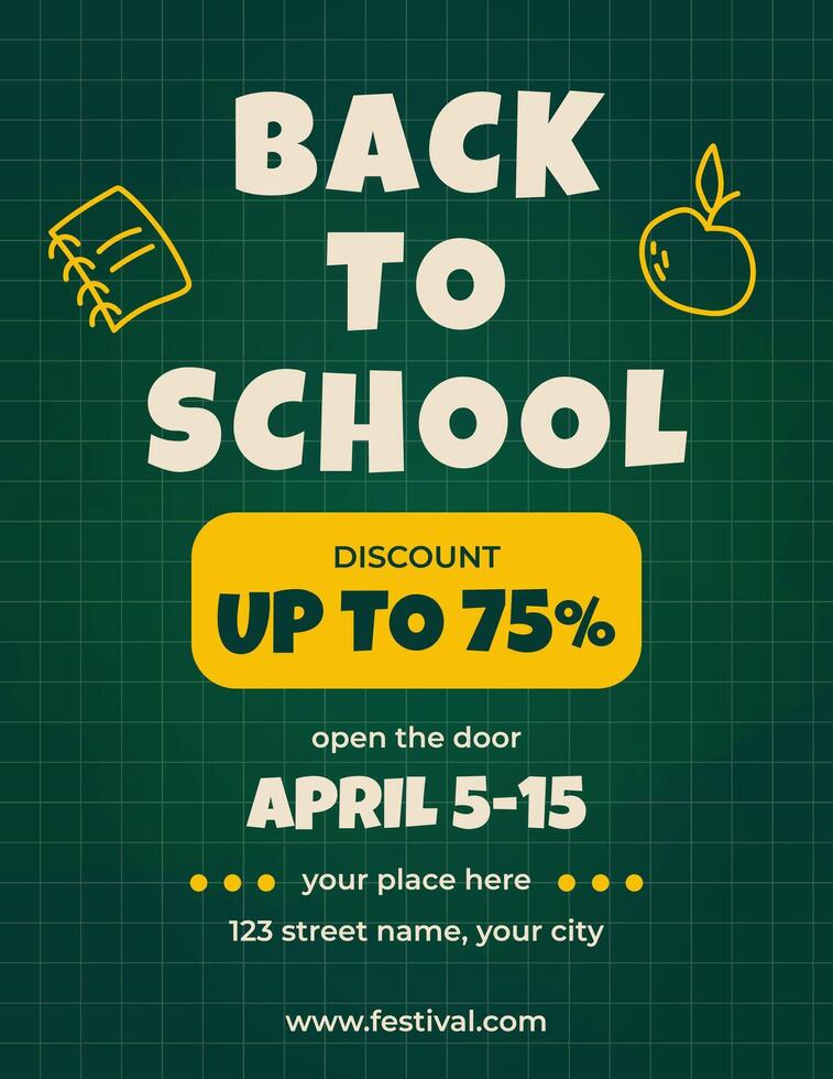 Back to school sale, discount card or flyer with handwritten school elements in doodle style. Green chalkboard and checkered paper on background. illustration vector