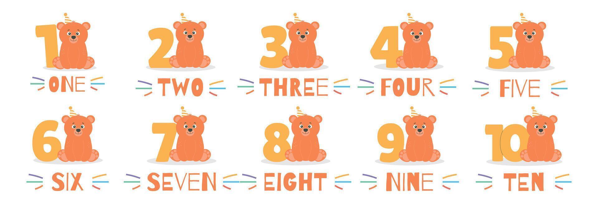 Cute bear character in hat and number from 1 before 10 set. Beautiful elements for Kids Birthday Party invitation, greeting card, poster, event, prints and cake toppers design vector