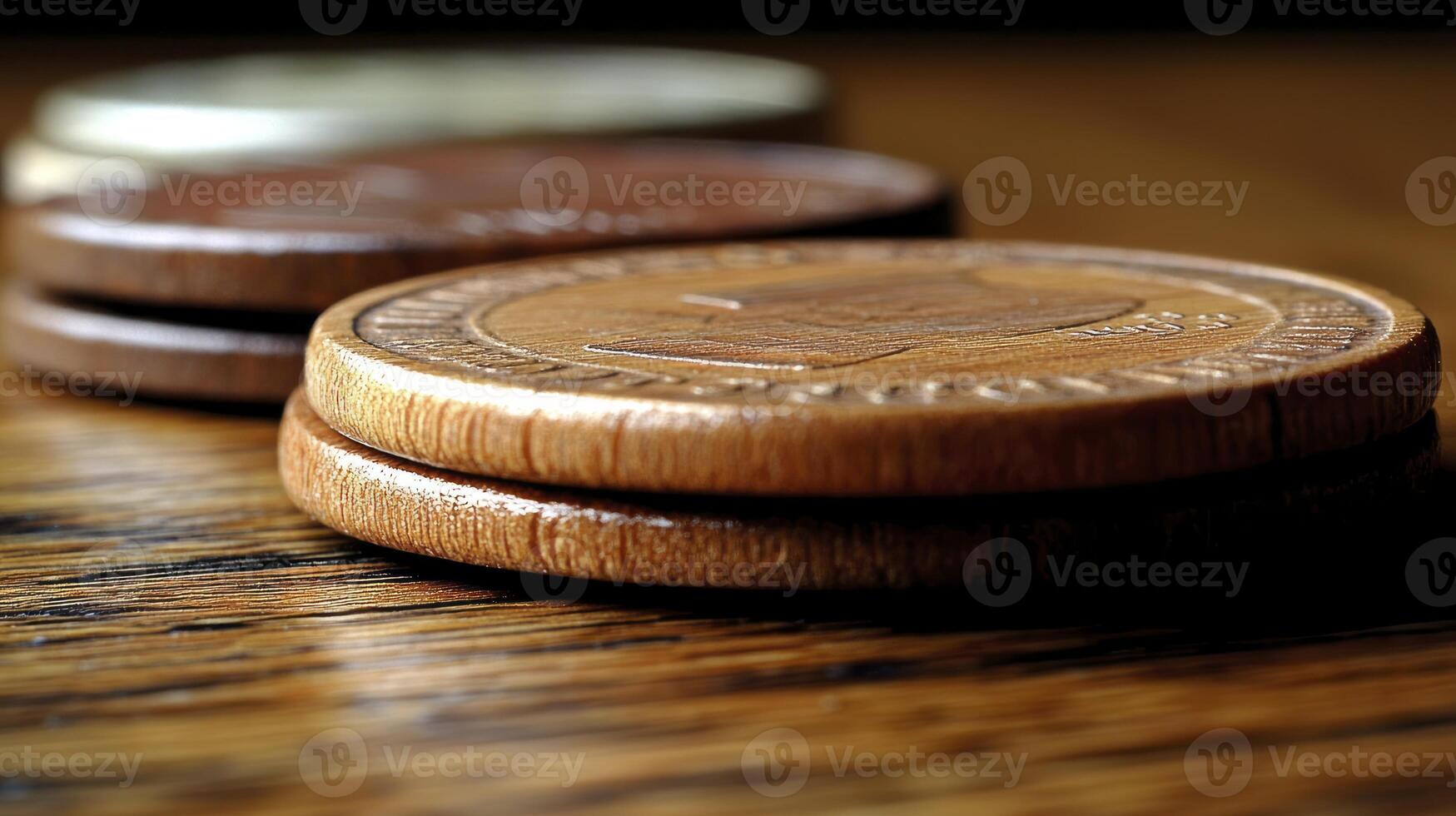 Three wooden coins sitting on top of a table photo