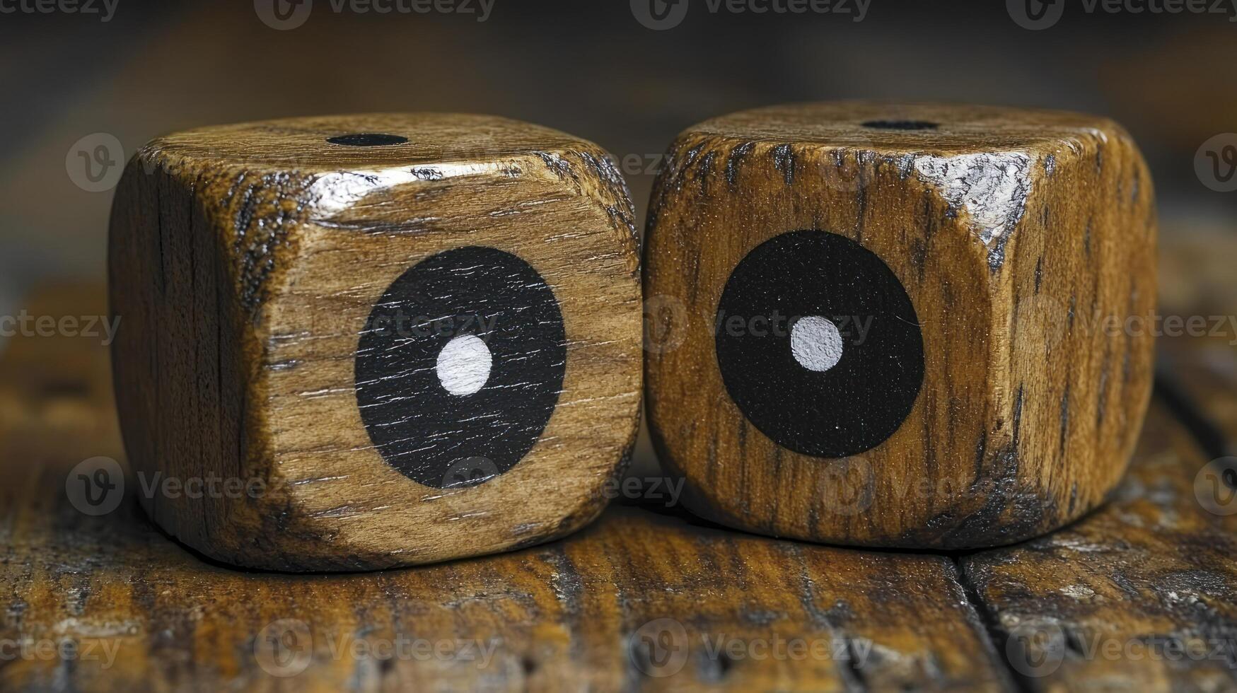 Two wooden dice with black and white dots photo