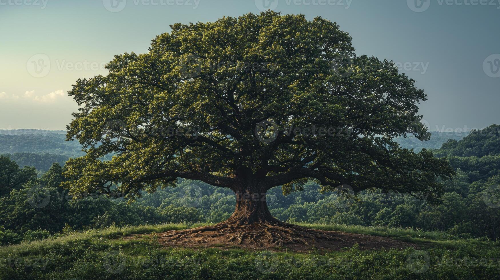 A large tree with roots on top of a hill photo