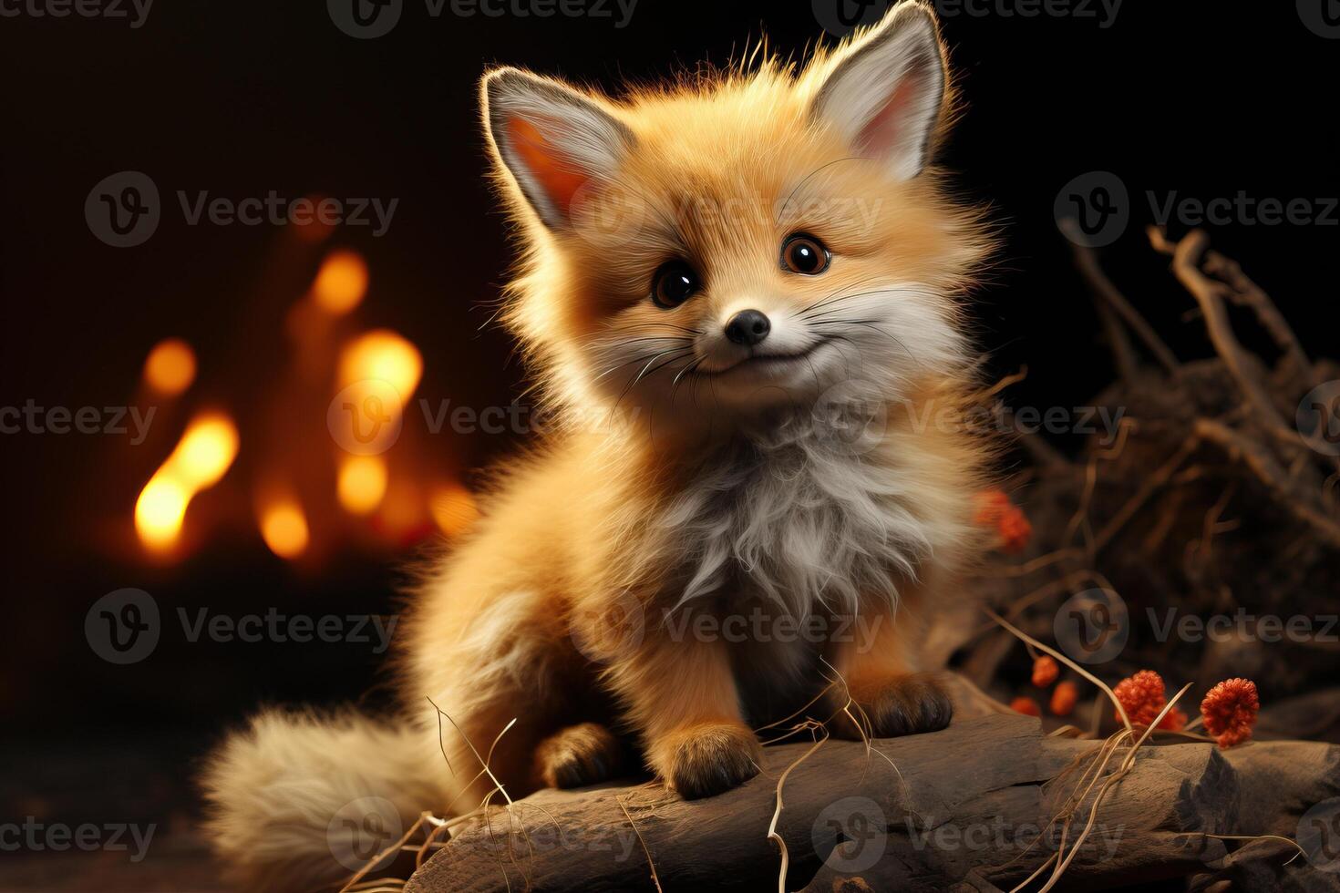 A cute little fox sitting on a log photo