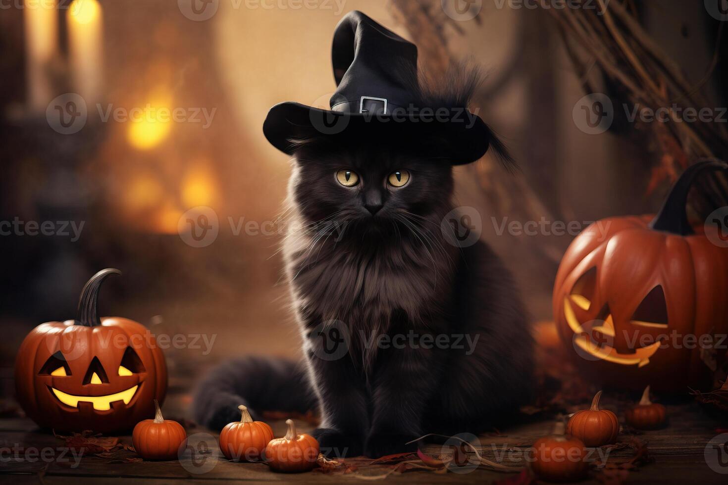 A black cat wearing a witch hat and surrounded by pumpkins photo
