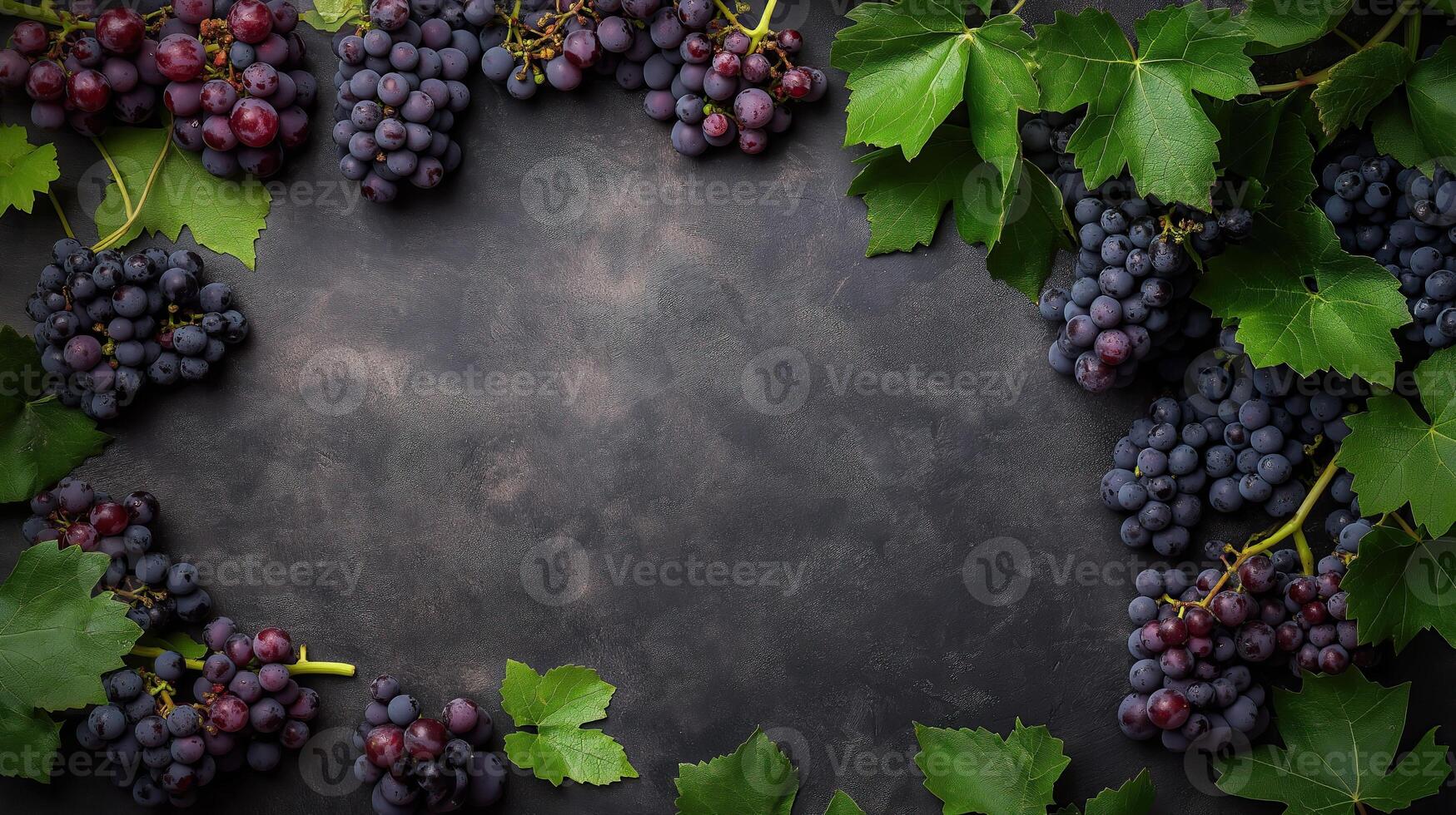 Fresh dark grapes with green leaves arranged on a textured dark background, creating a rustic and organic composition photo