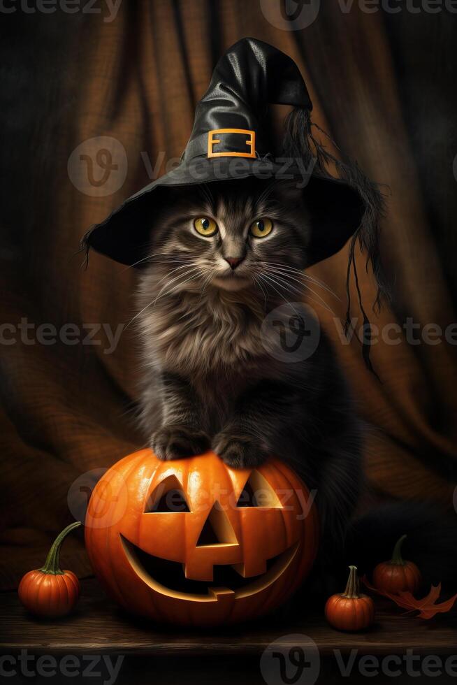 A cat wearing a witch hat sits on a pumpkin photo