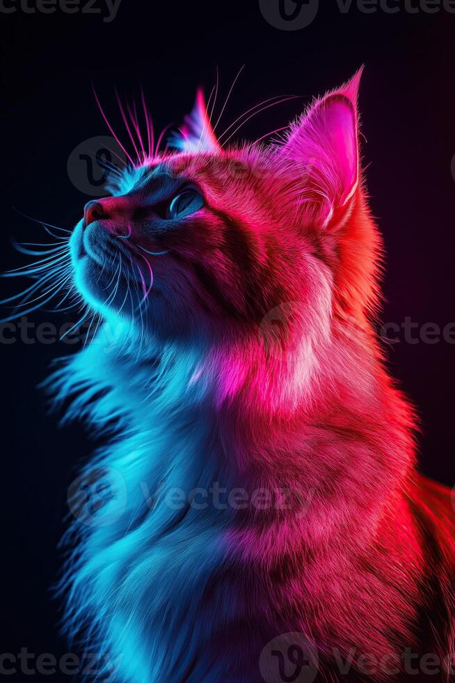 Portrait of a beautiful cat on a black background in neon light. Blue and purple colors. photo