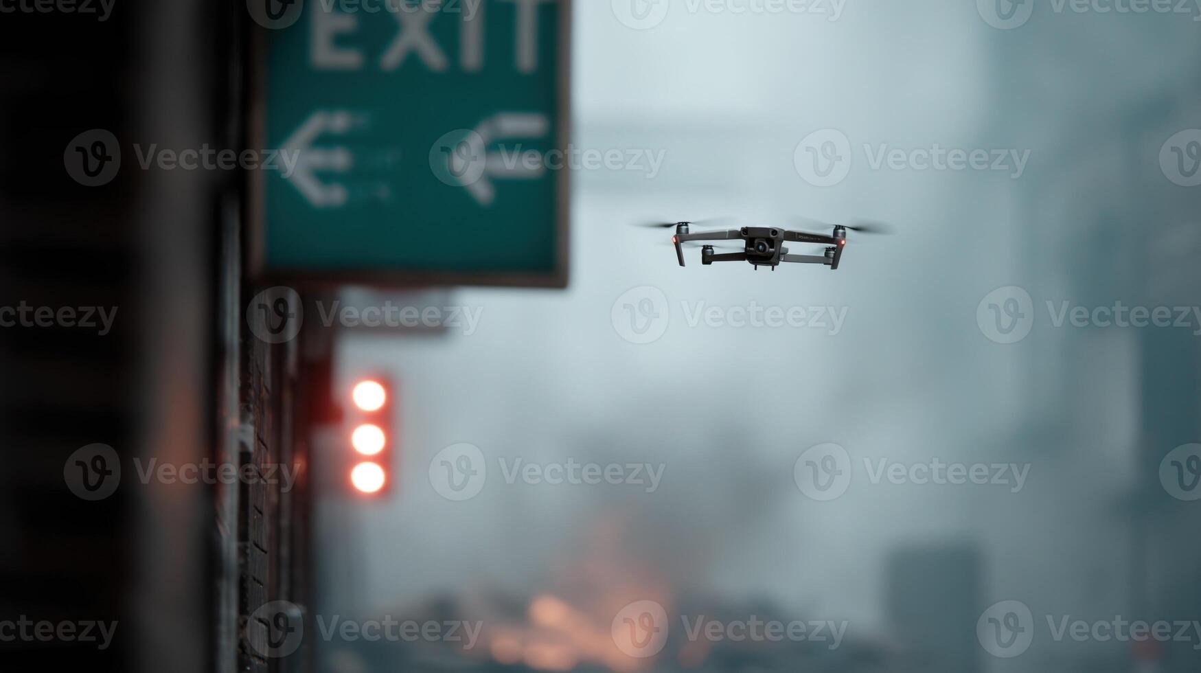 The silhouette of a drone against a backdrop of smoke and chaos featuring an LED panel that projects emergency exit arrows enhancing visibility for evacuees photo