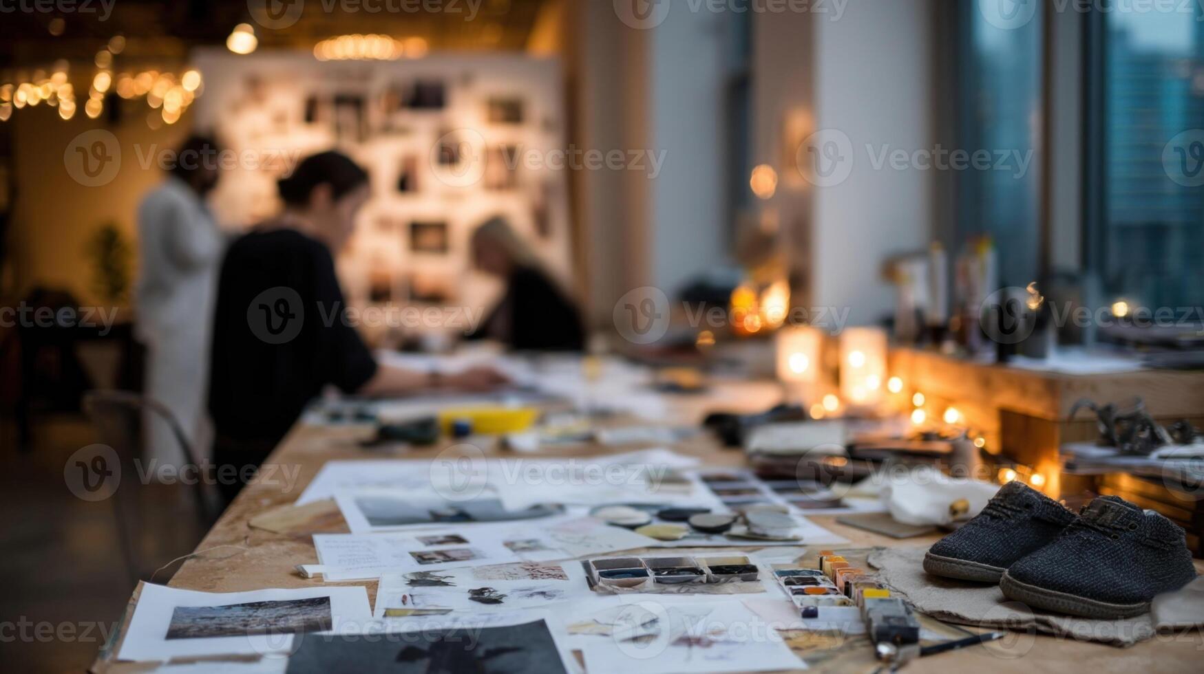 As the sun sets the atmosphere in the studio transforms. Warm lights illuminate scattered sketches and vibrant swatches. Collaborative spirits abound as shoemakers gather around exchangin photo
