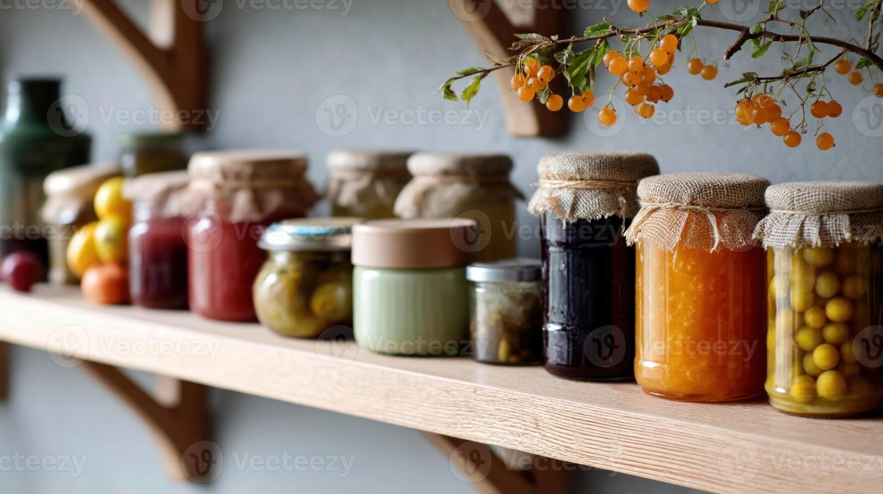 A charming display of homemade jars filled with jam and pickles lined up on a kitchen shelf showcasing the joy of preserving seasonal flavors photo