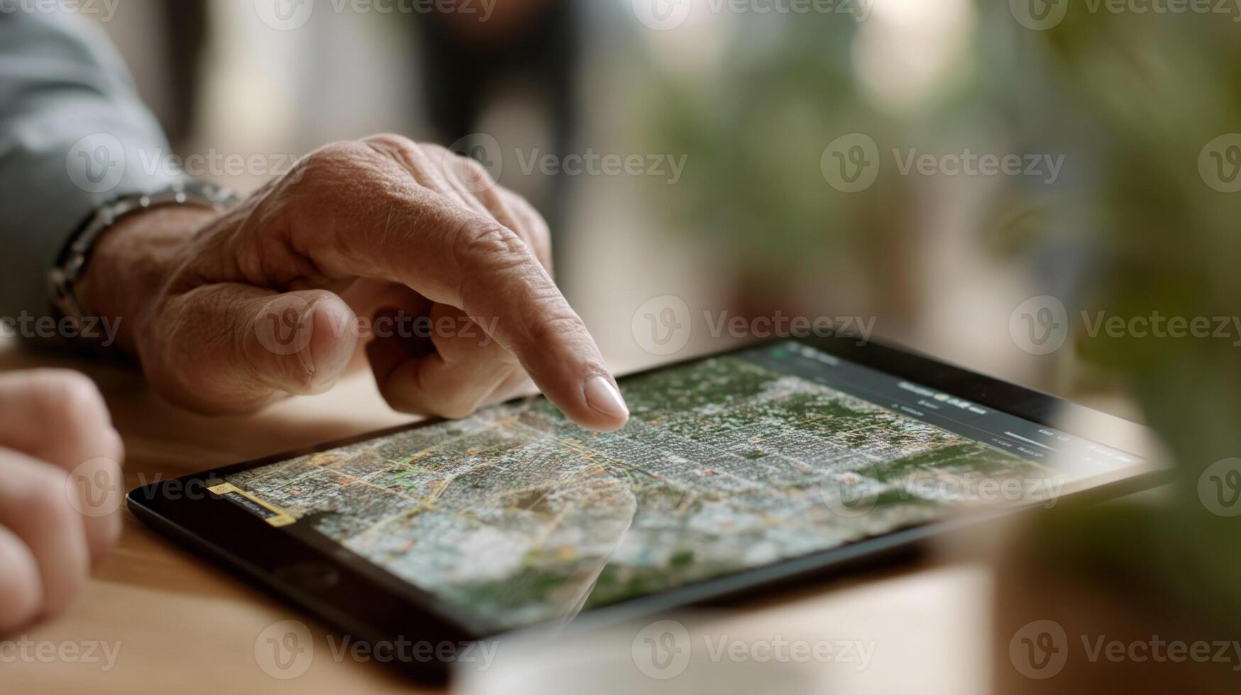 A closeup of a tablet screen displaying realtime scenario simulations of neighborhood transformations in response to diverse urban policies featuring adjustments in land use socia photo