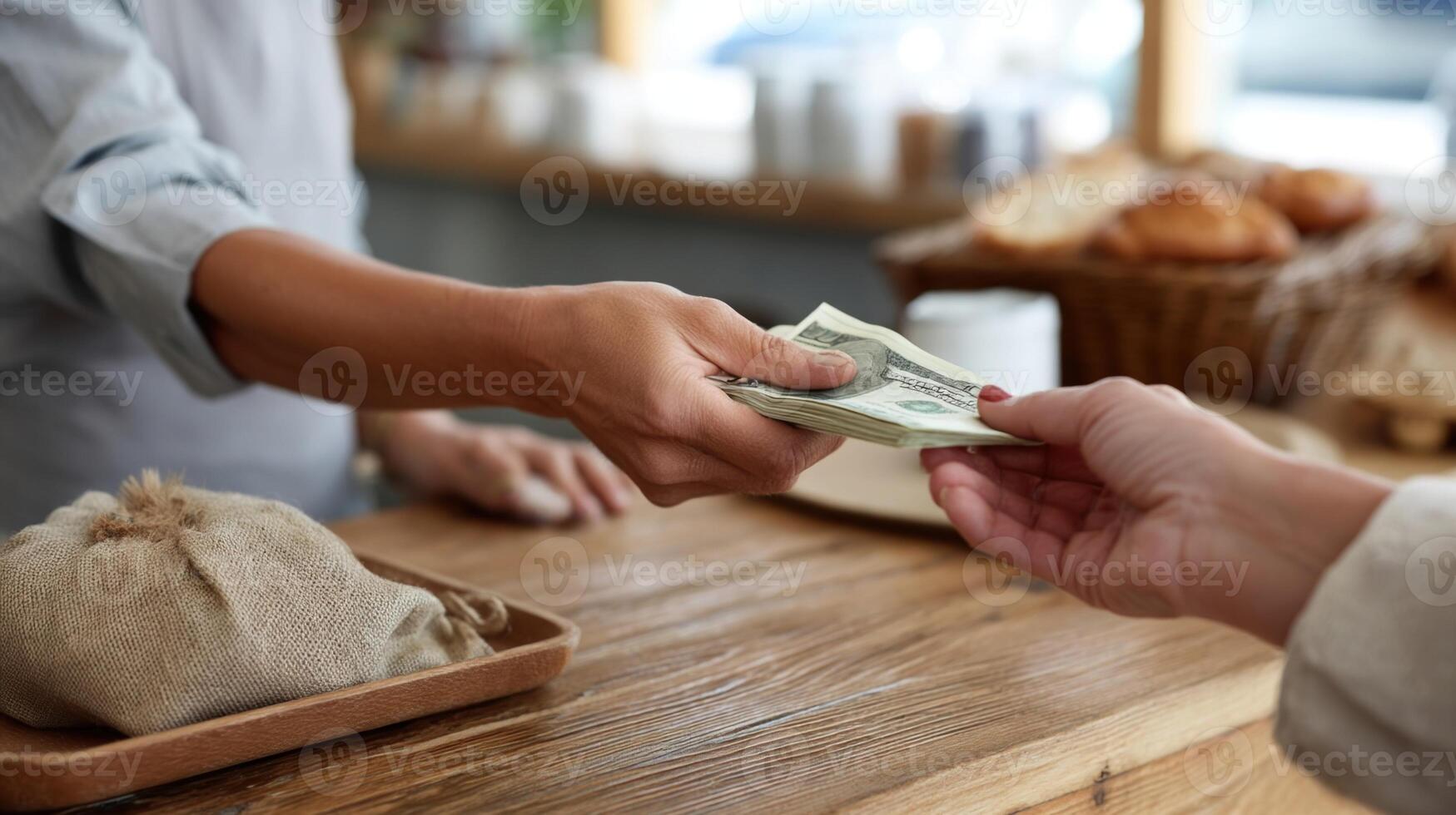A closeup of hands exchanging cash for goods over a wooden counter symbolizing facetoface transactions in a local shop photo