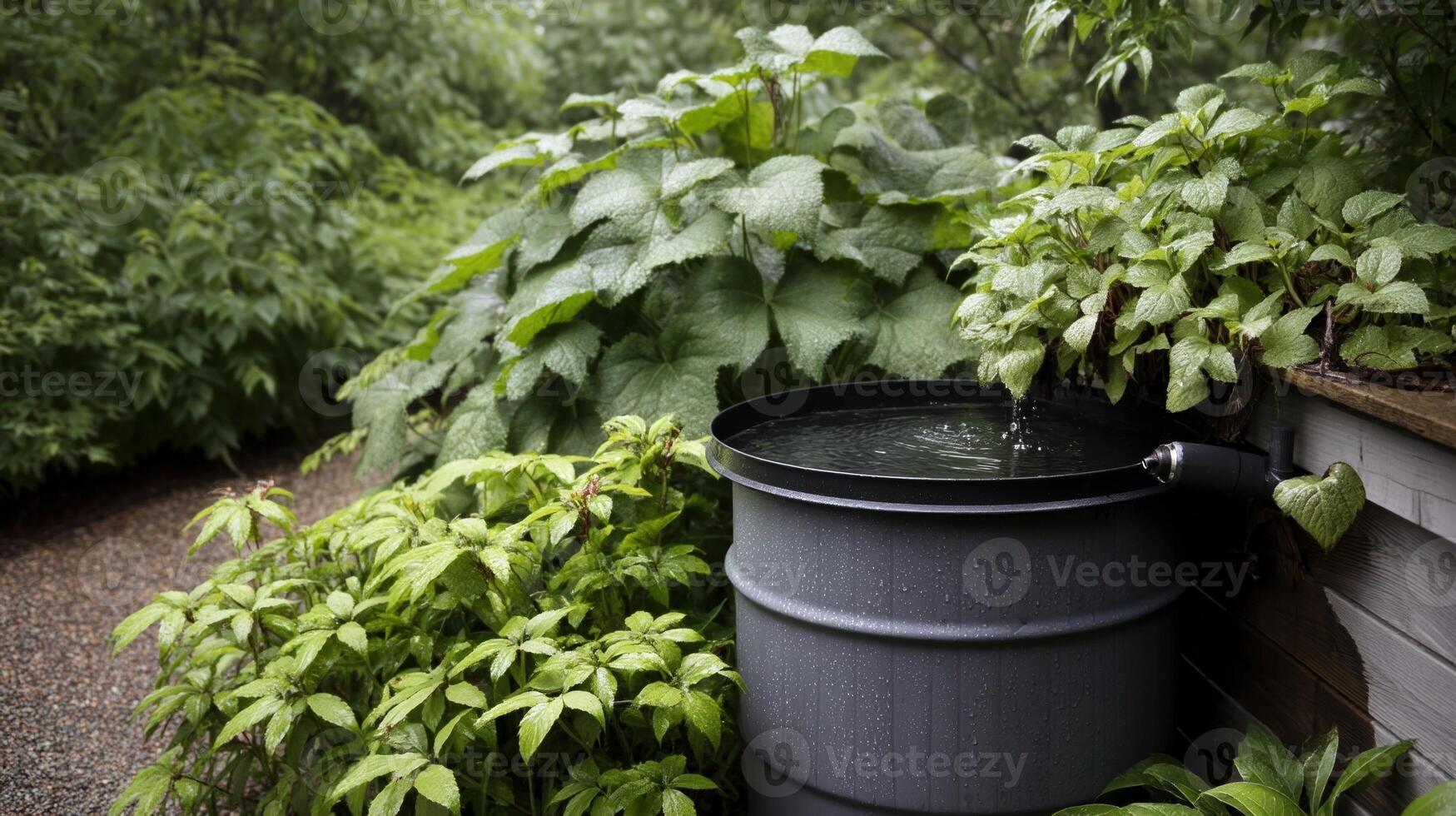 A closeup view of a rainwater harvesting system with a large barrel collecting rainwater from a gutter surrounded by green foliage and thriving plants photo